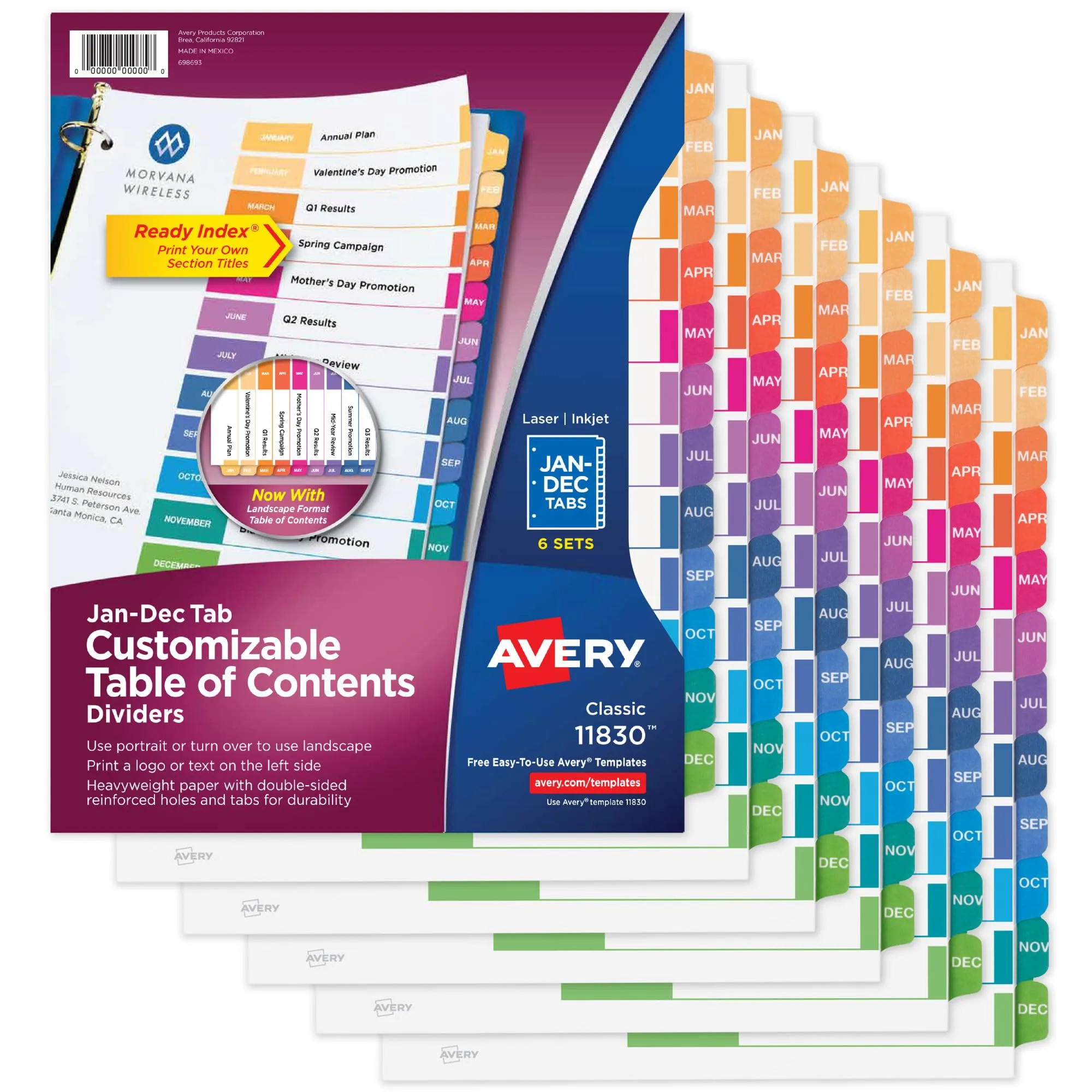 Avery Jan-Dec 12 Tab Dividers for 3 Ring Binders, Customizable Table of Contents, Multicolor Tabs, 6 Sets (11830)