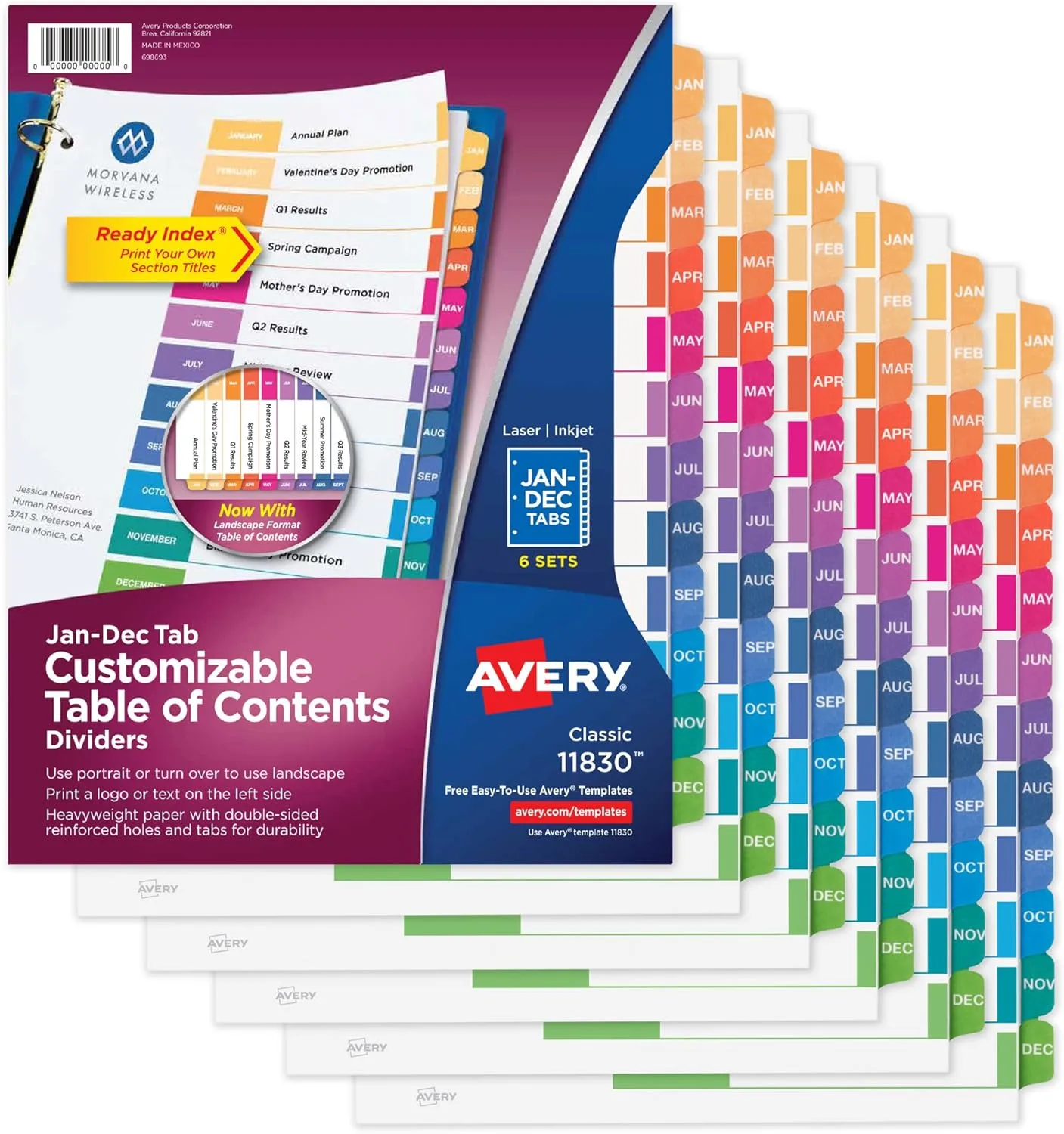 Avery Jan-Dec 12 Tab Dividers for 3 Ring Binders, Customizable Table of Contents, Multicolor Tabs, 6 Sets (11830)