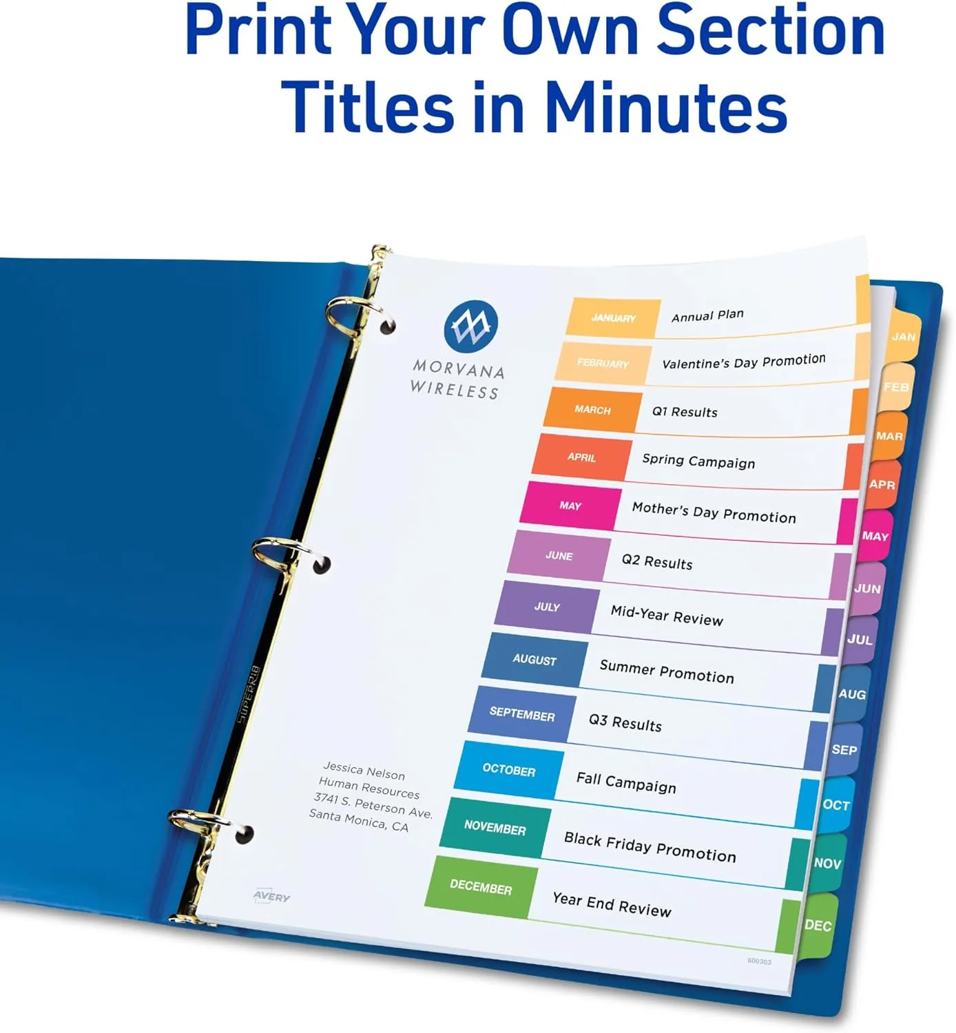 Avery Jan-Dec 12 Tab Dividers for 3 Ring Binders, Customizable Table of Contents, Multicolor Tabs, 6 Sets (11830)