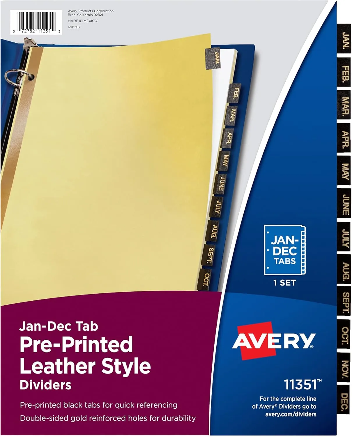 Avery Jan-Dec Dividers for 3 Ring Binders, 12-Tab Set, Pre-Printed Black Leather Tabs, 1 Binder Divider Set (11351)