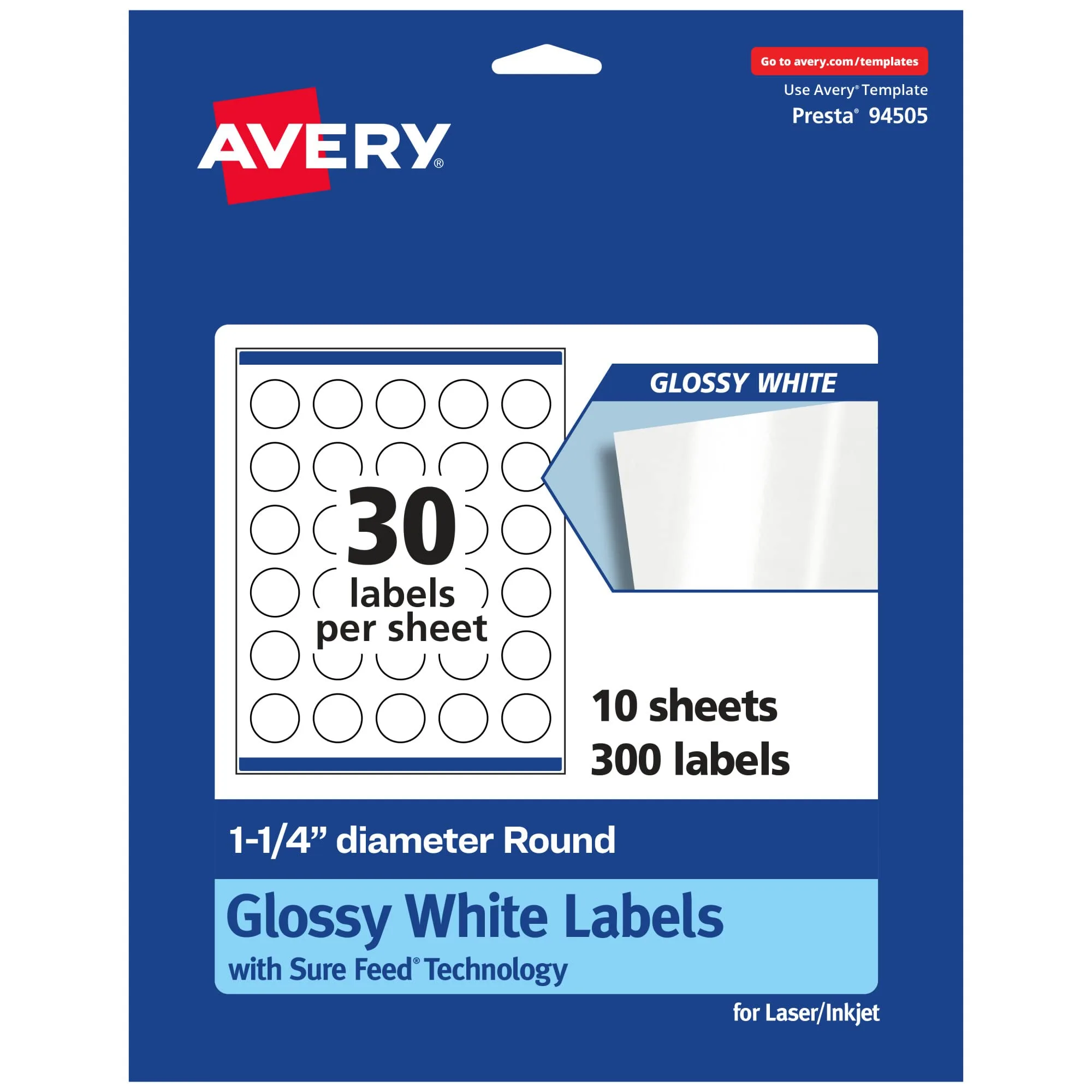Avery Glossy White Round Labels, Sure Feed Technology, 1.25" Diameter, Print-to-The-Edge, Permanent Adhesive