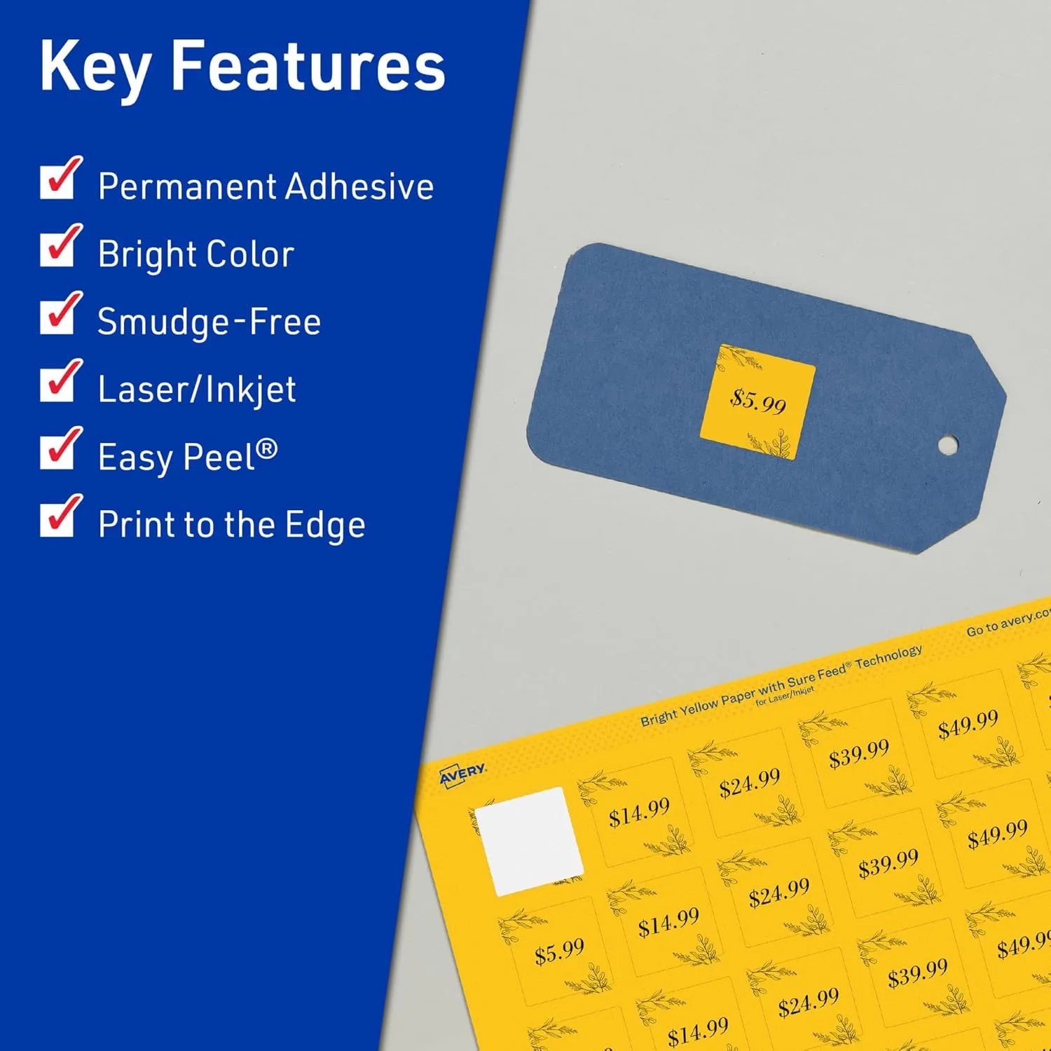 Avery Printable Square Labels, Sure Feed Technology, 1-1/2" x 1-1/2", Bright Yellow, Print-to-The-Edge