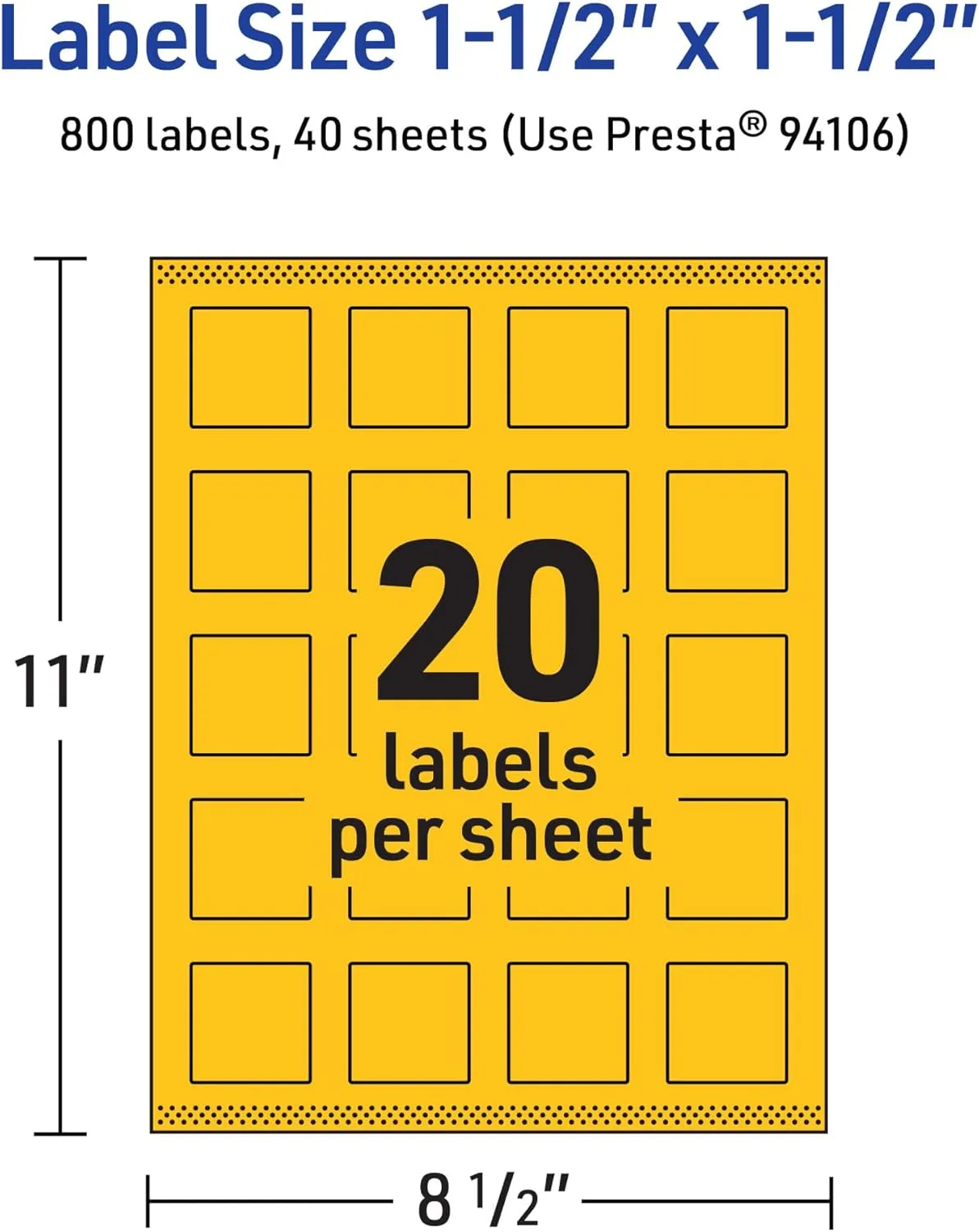 Avery Printable Square Labels, Sure Feed Technology, 1-1/2" x 1-1/2", Bright Yellow, Print-to-The-Edge