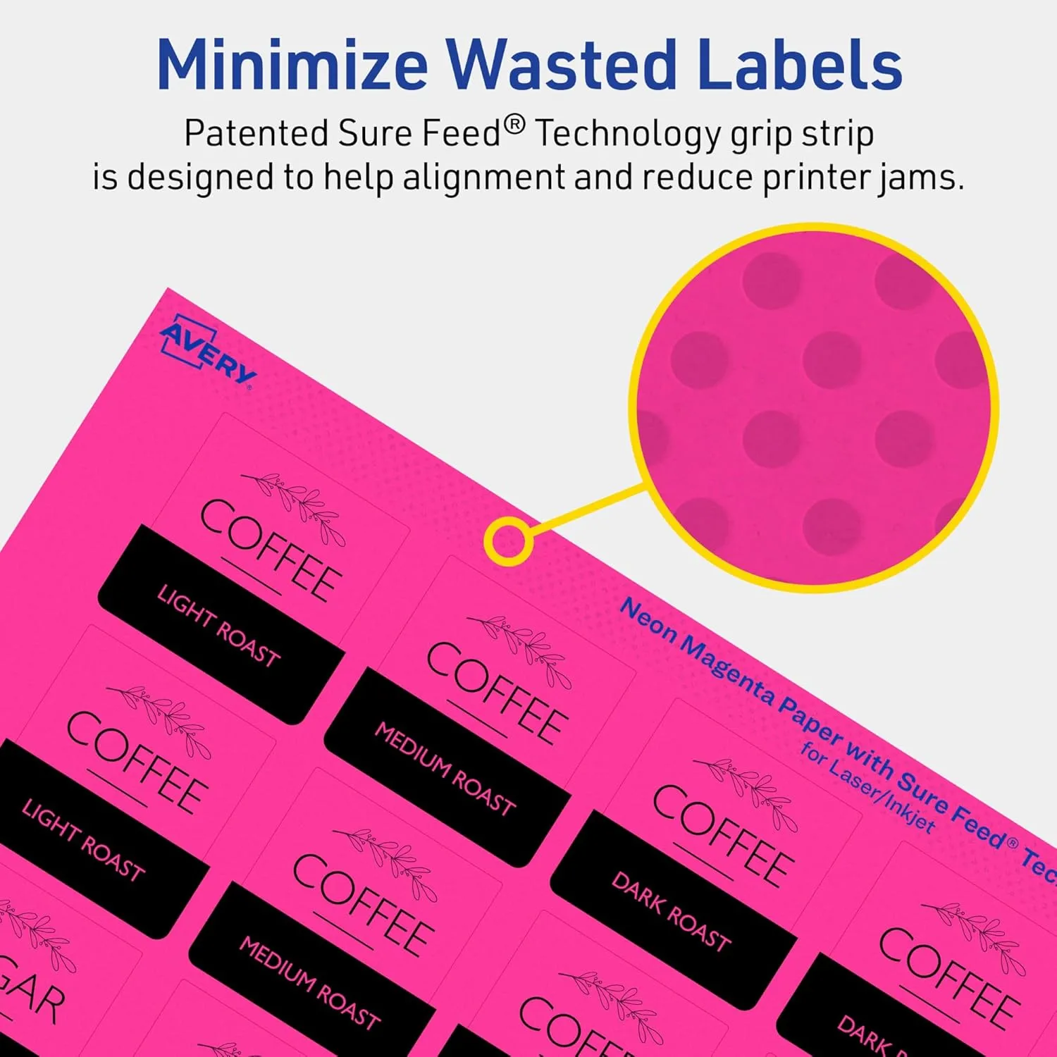 Avery Printable Square Labels, Sure Feed Technology, 1-1/2" x 1-1/2", Neon Magenta, Print-to-The-Edge, Laser/Inkjet Printable