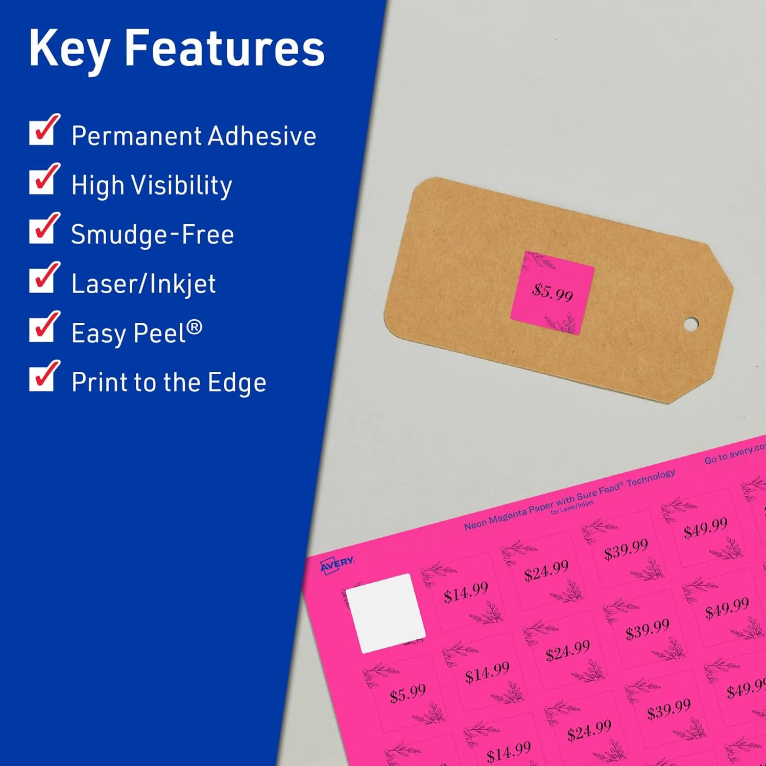 Avery Printable Square Labels, Sure Feed Technology, 1-1/2" x 1-1/2", Neon Magenta, Print-to-The-Edge, Laser/Inkjet Printable