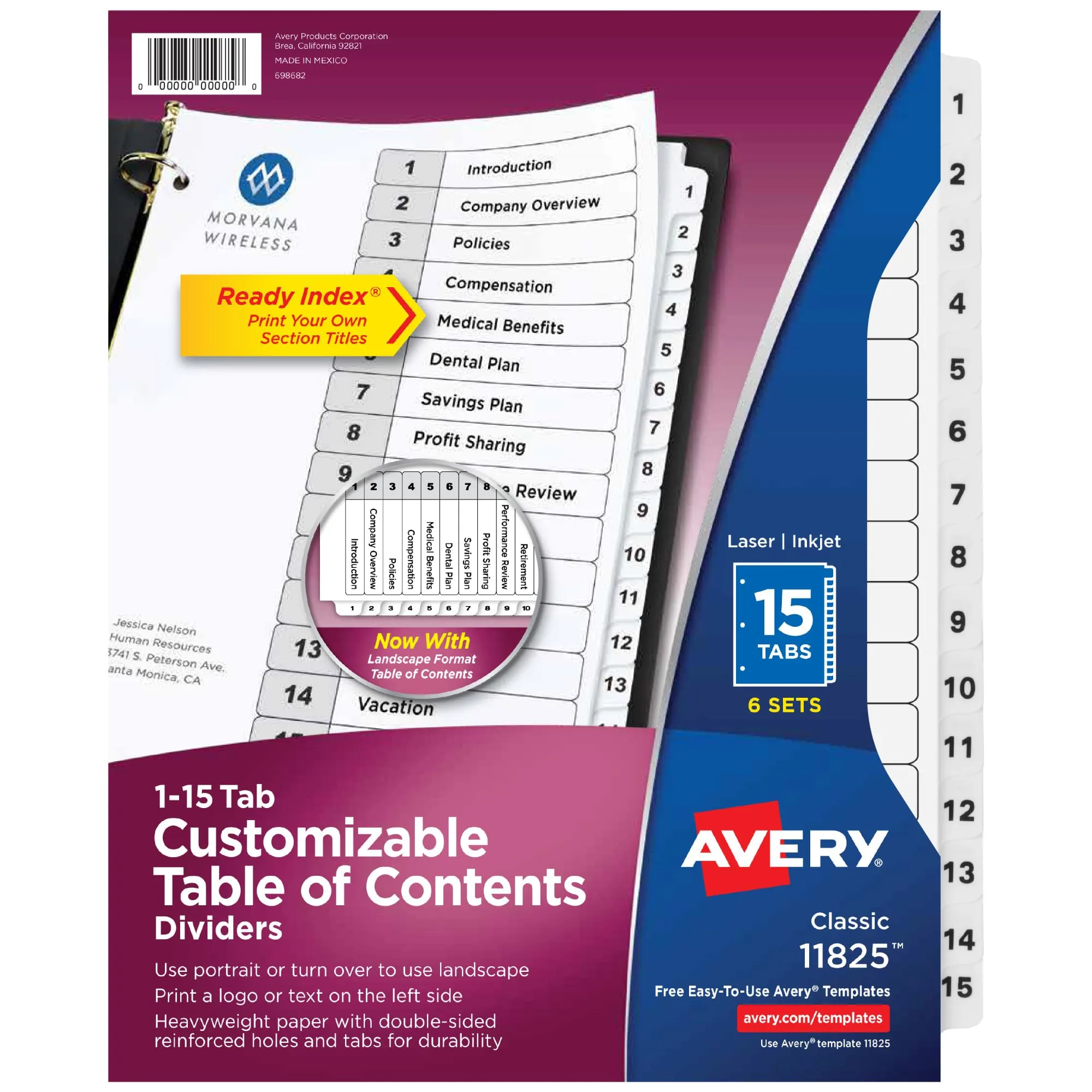 Avery Dividers for 3 Ring Binders, 15 Tabs per Set, Customizable Table of Contents (6 Sets)