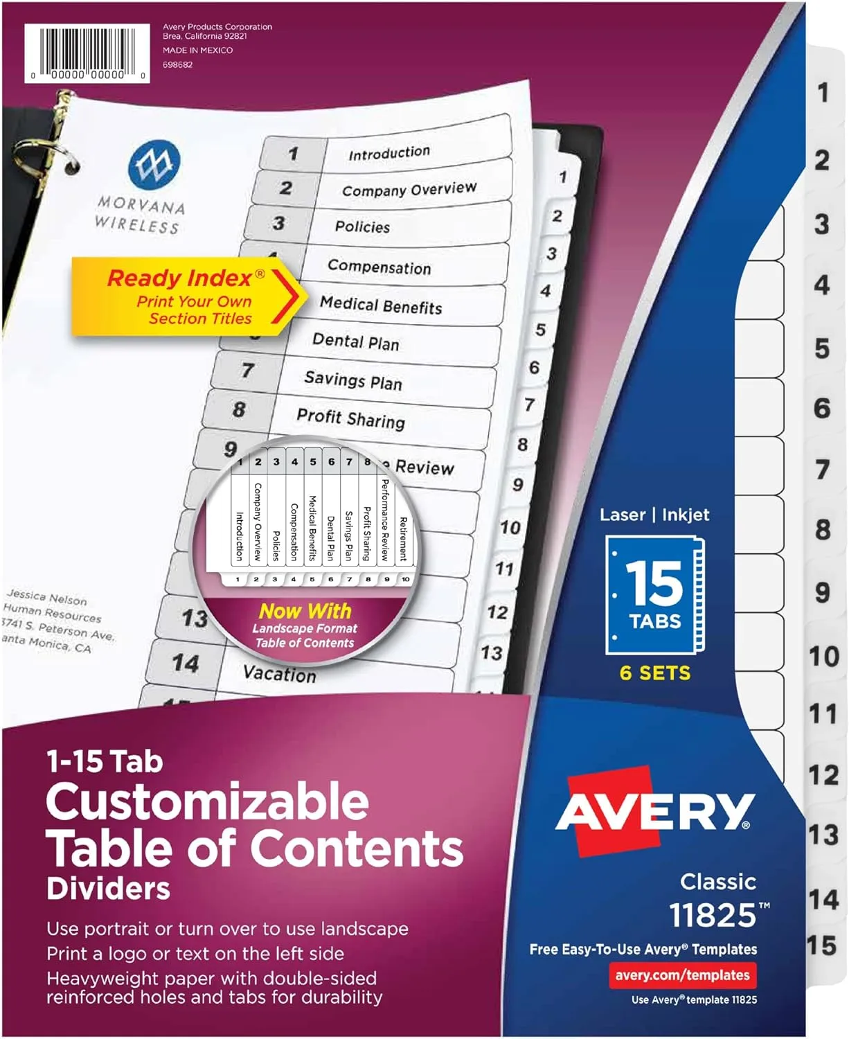 Avery Dividers for 3 Ring Binders, 15 Tabs per Set, Customizable Table of Contents (6 Sets)