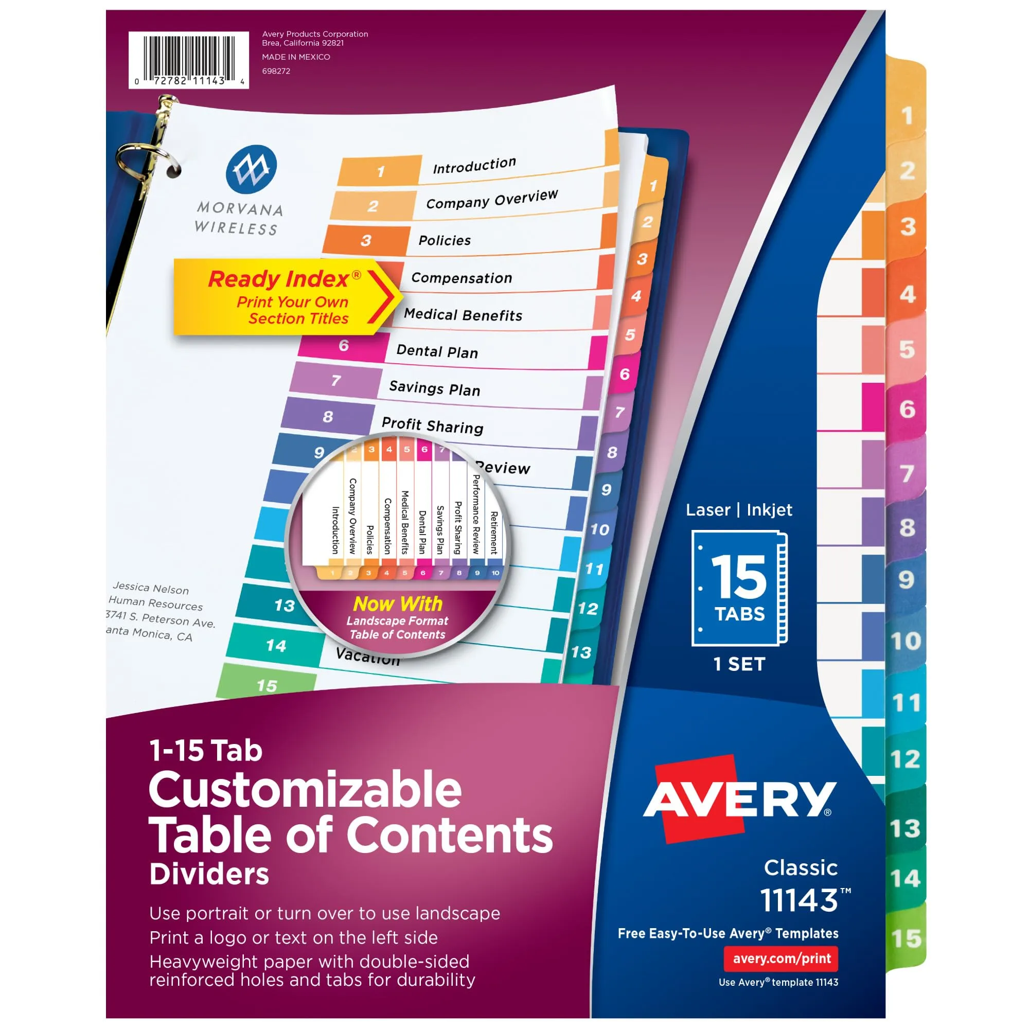 Avery Dividers for 3 Ring Binders, 15 Tabs per Set, Customizable Table of Contents, Multicolor Tabs, Great for Organizing Reports, Projects, and More (11143)