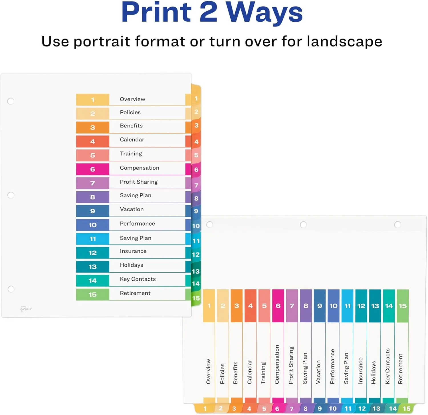 Avery Dividers for 3 Ring Binders, 15 Tabs per Set, Customizable Table of Contents, Multicolor Tabs, Great for Organizing Reports, Projects, and More (11143)