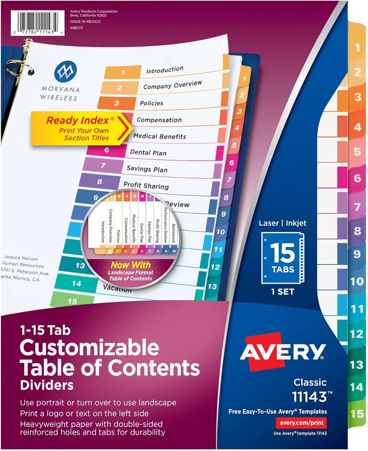 Avery Dividers for 3 Ring Binders, 15 Tabs per Set, Customizable Table of Contents, Multicolor Tabs, Great for Organizing Reports, Projects, and More (11143)