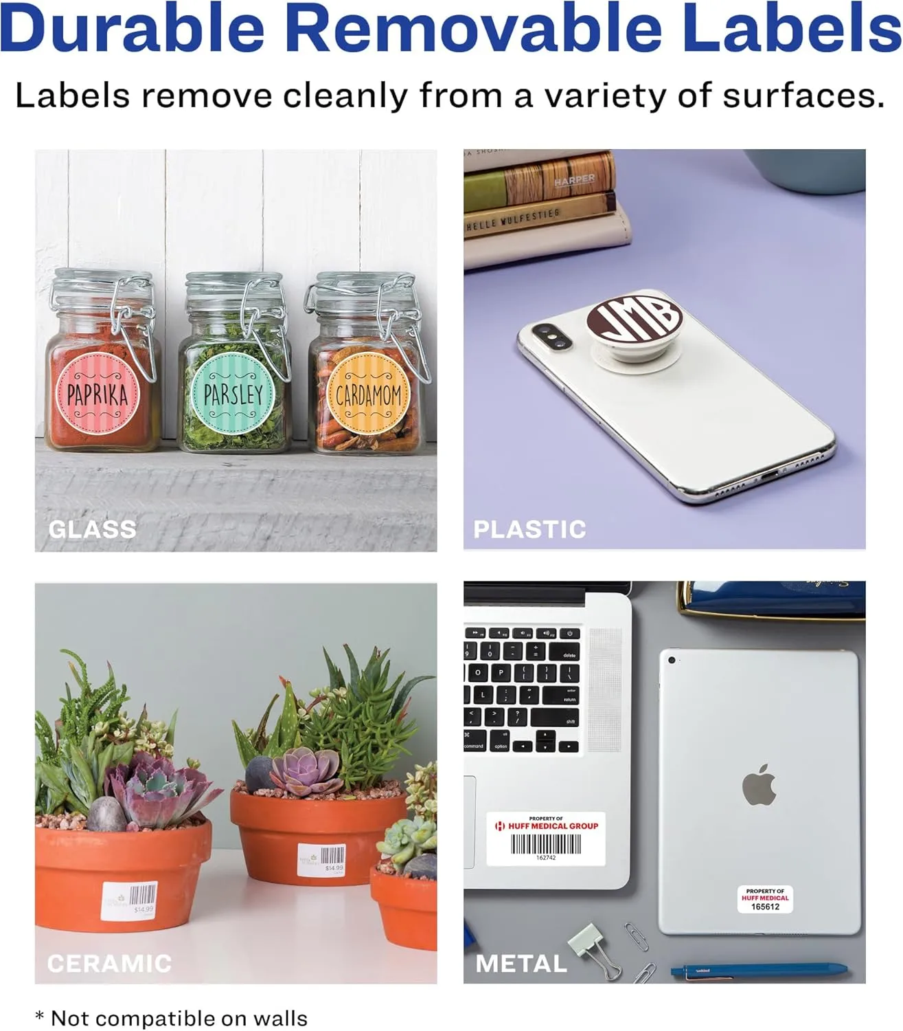 Avery Durable Removable Rectangle Labels, Sure Feed Technology, 1.5" x 2.75", Matte White Film