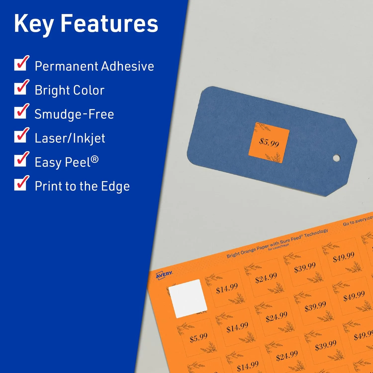 AVERY Printable Square Labels, Sure Feed Technology, 1-1/2" x 1-1/2", Bright Orange, Print-to-The-Edge