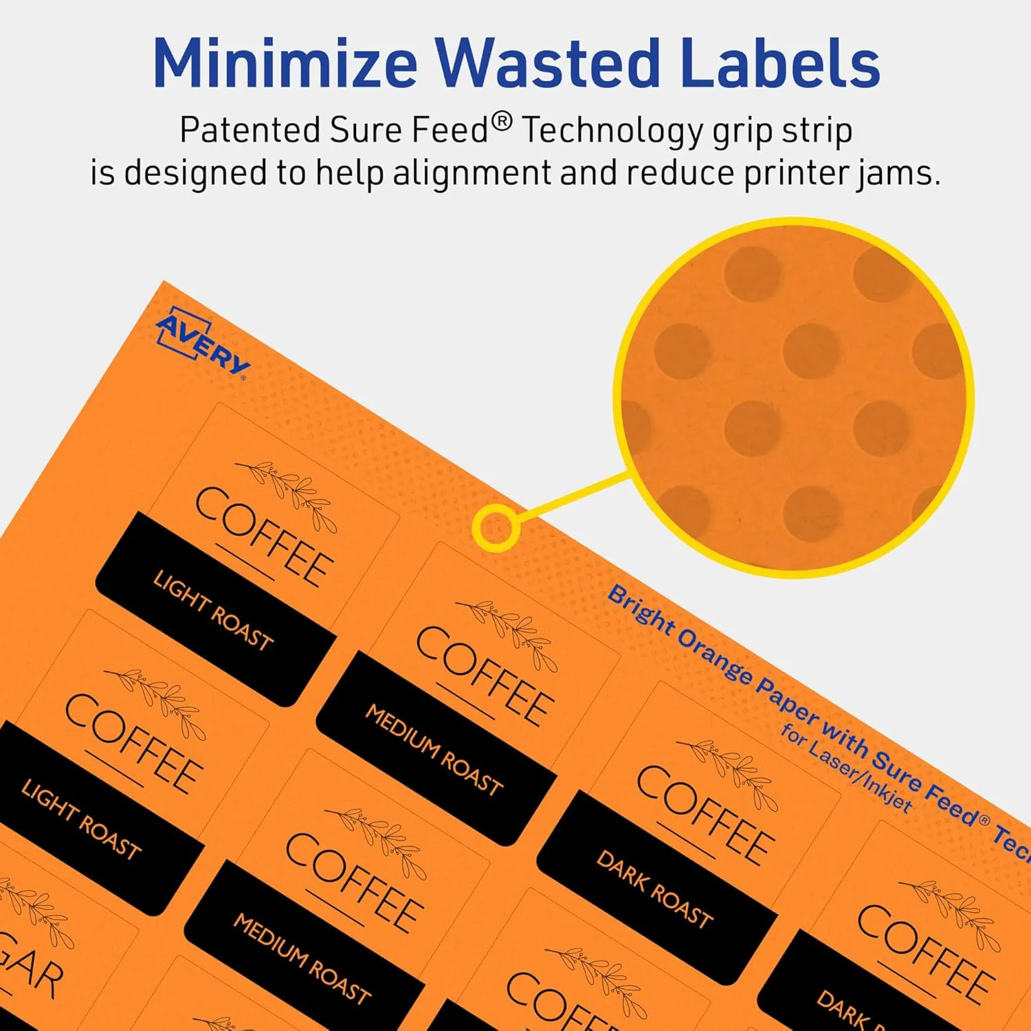 AVERY Printable Square Labels, Sure Feed Technology, 1-1/2" x 1-1/2", Bright Orange, Print-to-The-Edge