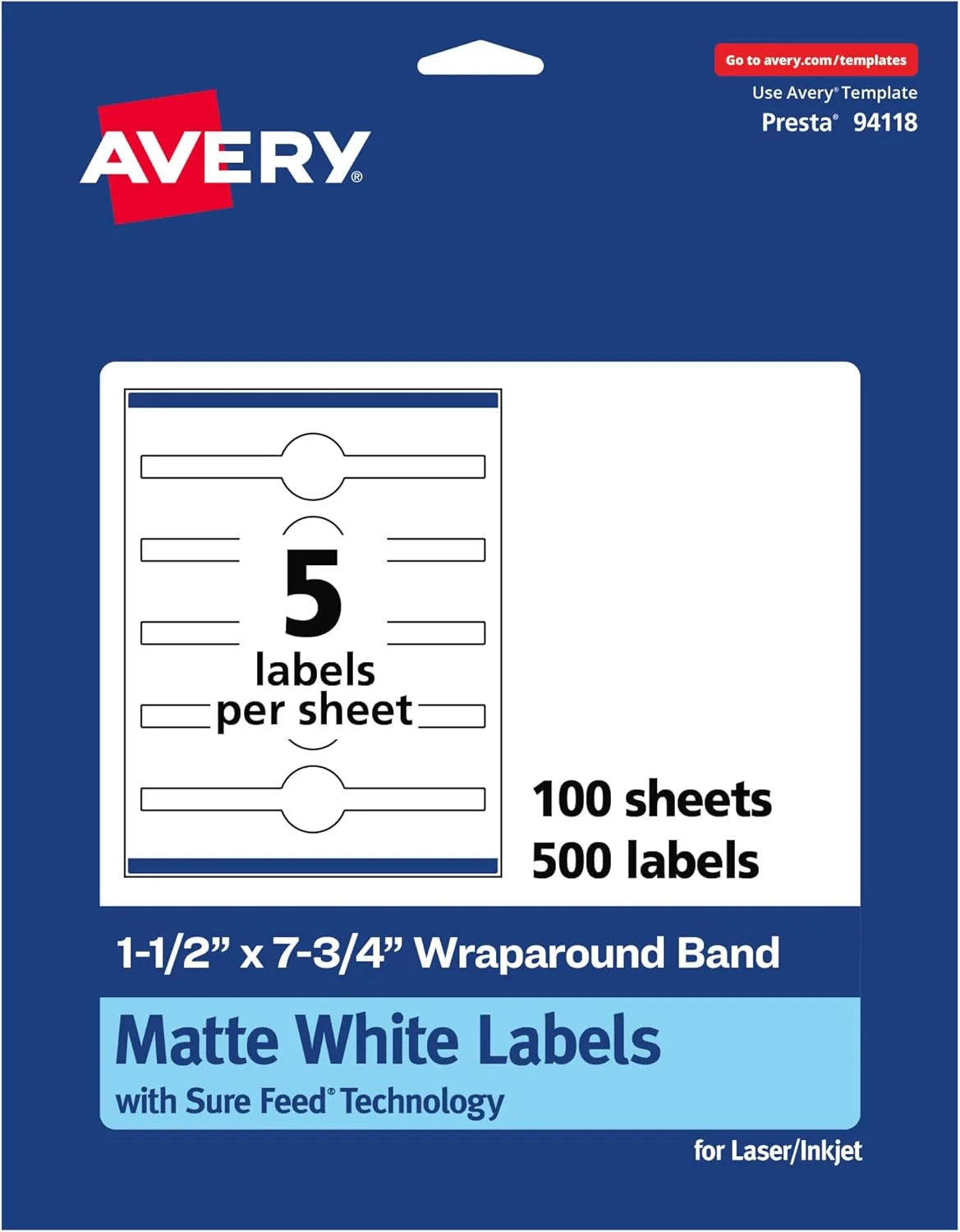 Avery Matte White Wraparound Band Labels, Sure Feed Technology, 1.5" x 7.75", Cigar Band Labels, Print-to-The-Edge - 811108