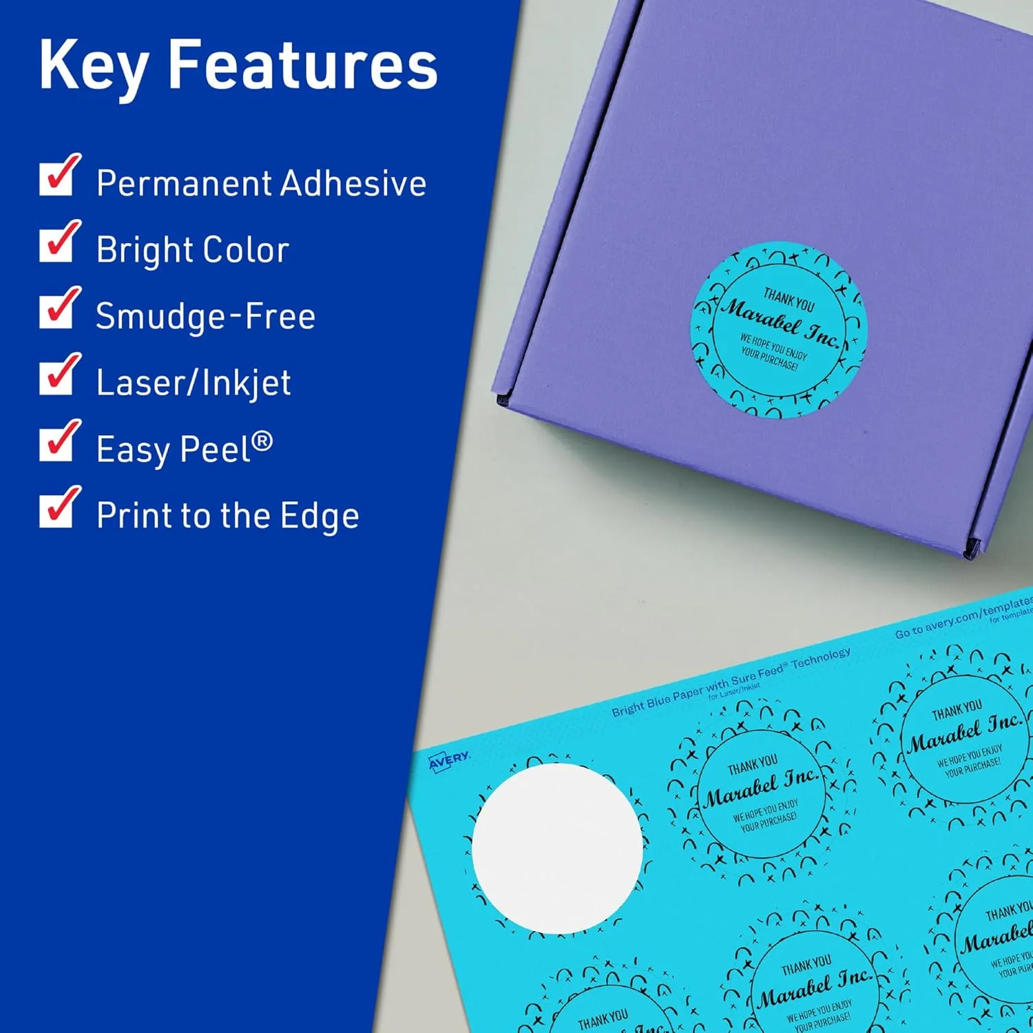 Avery Printable Round Labels, Sure Feed Technology, 1-1/2" Diameter, Bright Blue Labels, Print-to-The-Edge