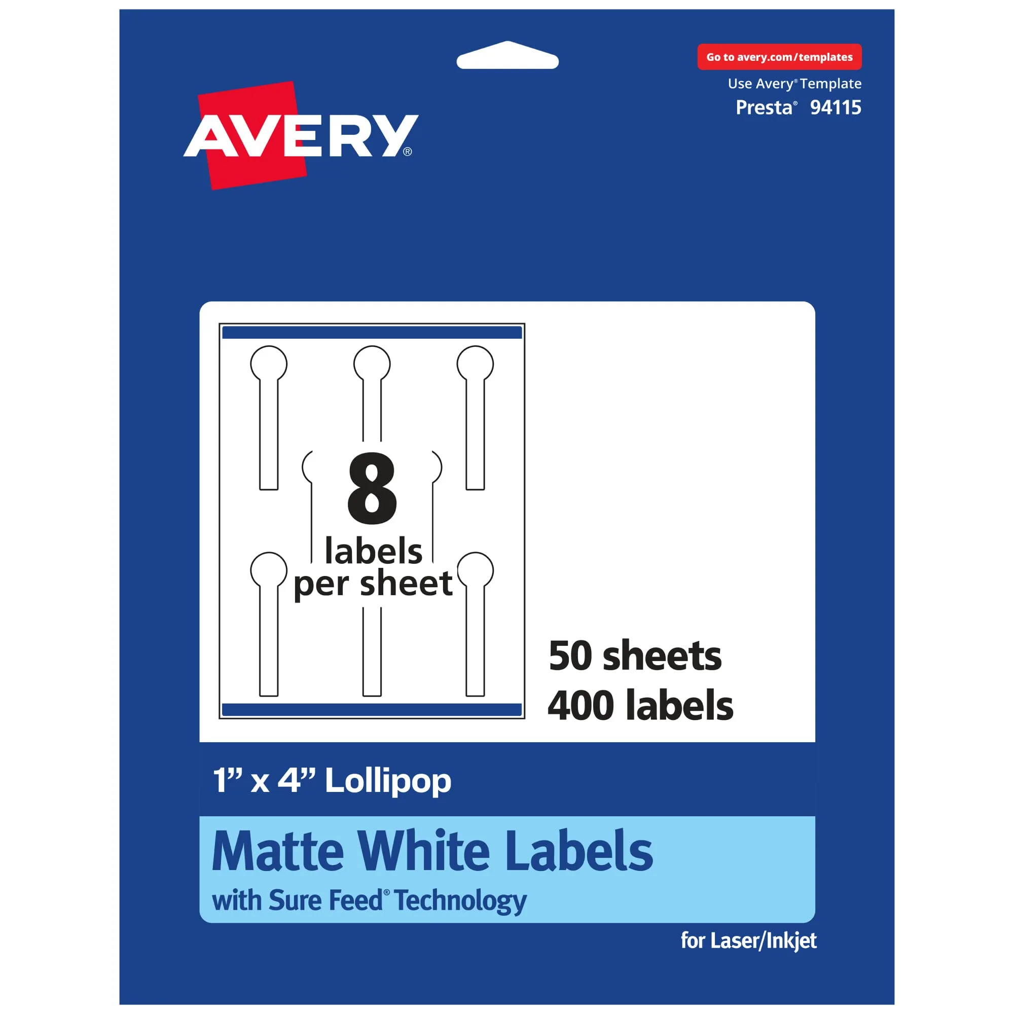 Avery Matte White Lollipop Labels, Sure Feed Technology, 1" x 4", Print-to-The-Edge, Permanent Adhesive