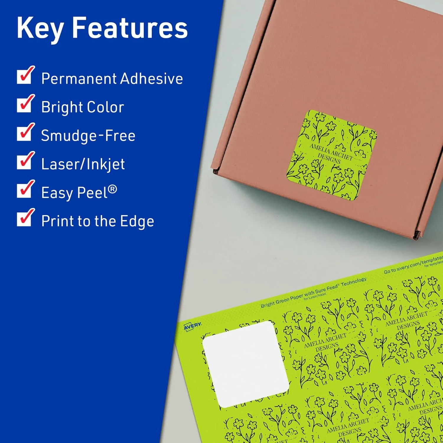 Avery Printable Square Labels, Sure Feed Technology, 2 in x 2 in, Bright Green, Print-to-The-Edge, Laser/Inkjet Printable