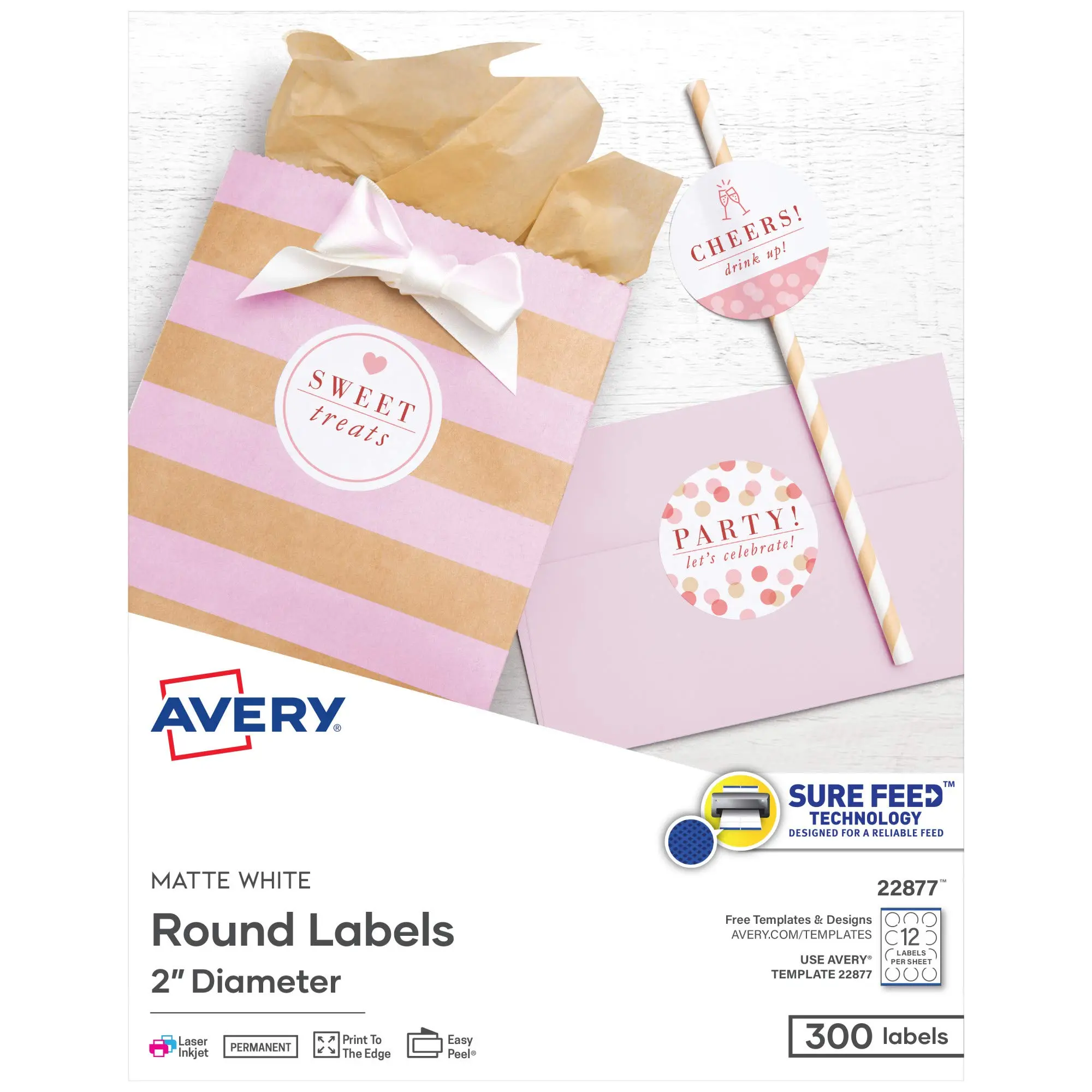 Avery Printable Round Labels with Sure Feed, 2" Diameter, Matte White, 300 Labels (22877)