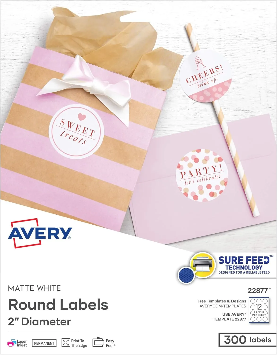 Avery Printable Round Labels with Sure Feed, 2" Diameter, Matte White, 300 Labels (22877)