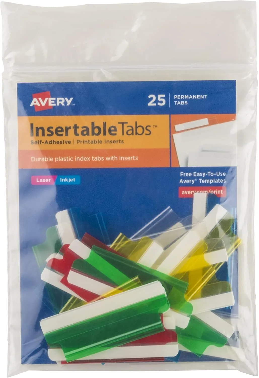 Avery Insertable Self-Adhesive Index Tabs, 2" Assorted, Pack of 25 (16239)