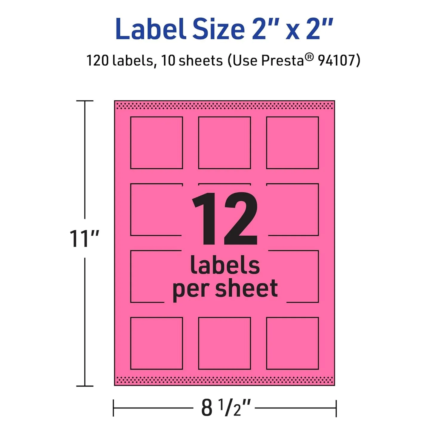 Avery Printable Square Labels, Sure Feed Technology, 2" x 2", Bright Pink - 120
