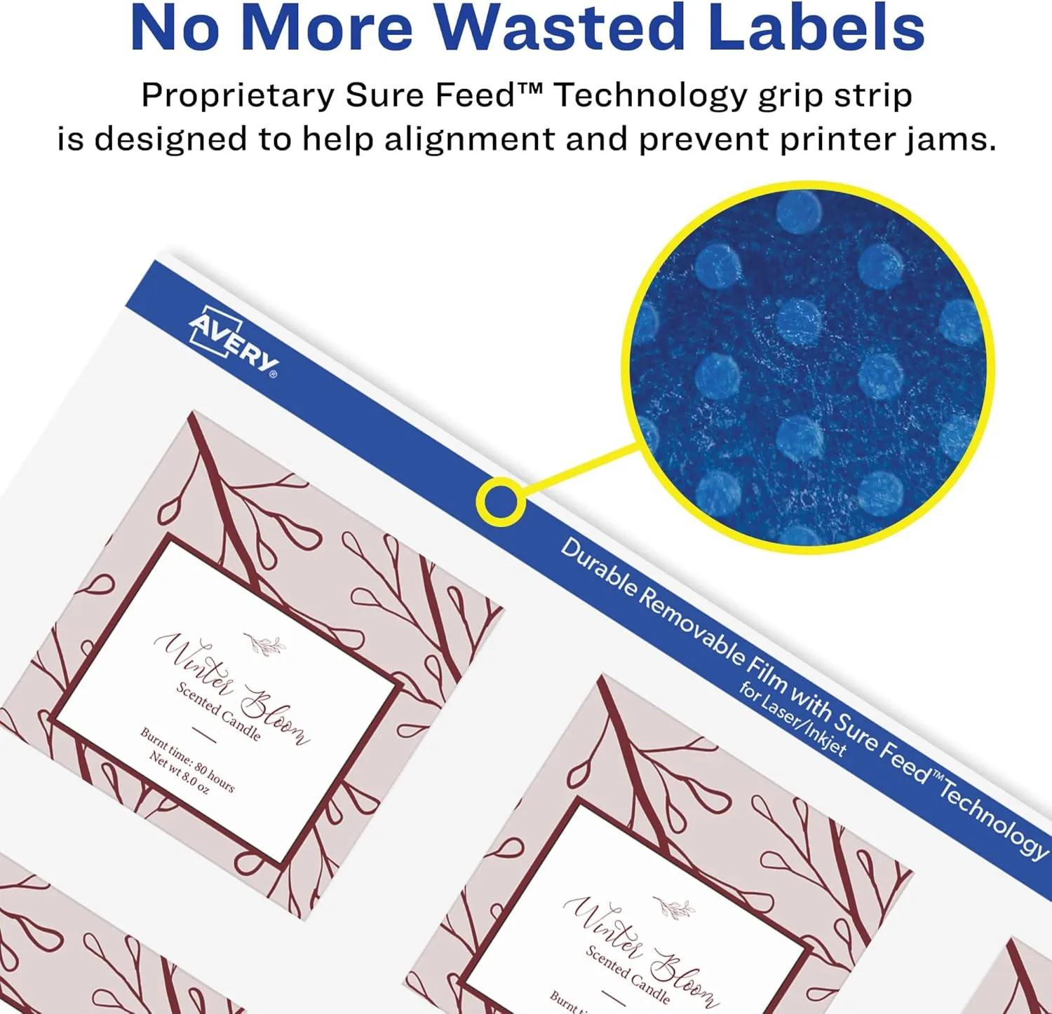 Avery Durable Removable Square Labels, Sure Feed Technology, 2" x 2", Matte White Film, Water-Resistant, Print-to-The-Edge