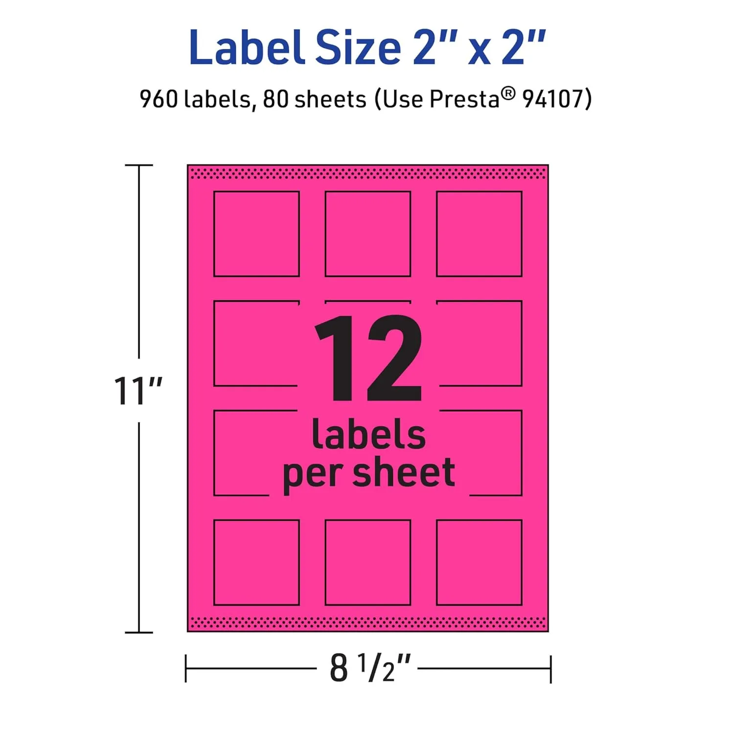 Avery Printable Square Labels, Sure Feed Technology, 2" x 2", Neon Magenta, Print-to-the-Edge, Laser/Inkjet