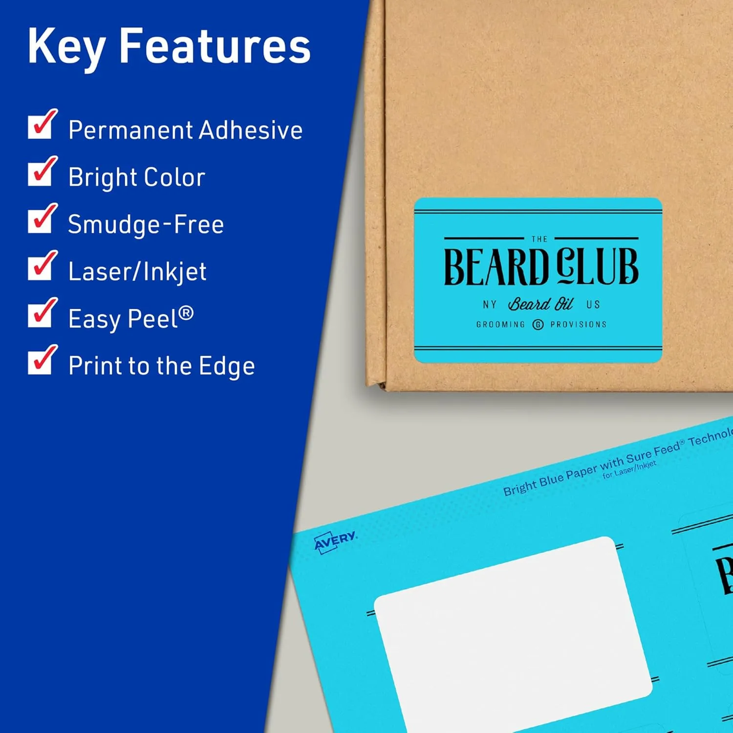 Avery Printable Rectangle Labels, Sure Feed Technology, 2" x 3", Bright Blue Labels, Print-to-The-Edge