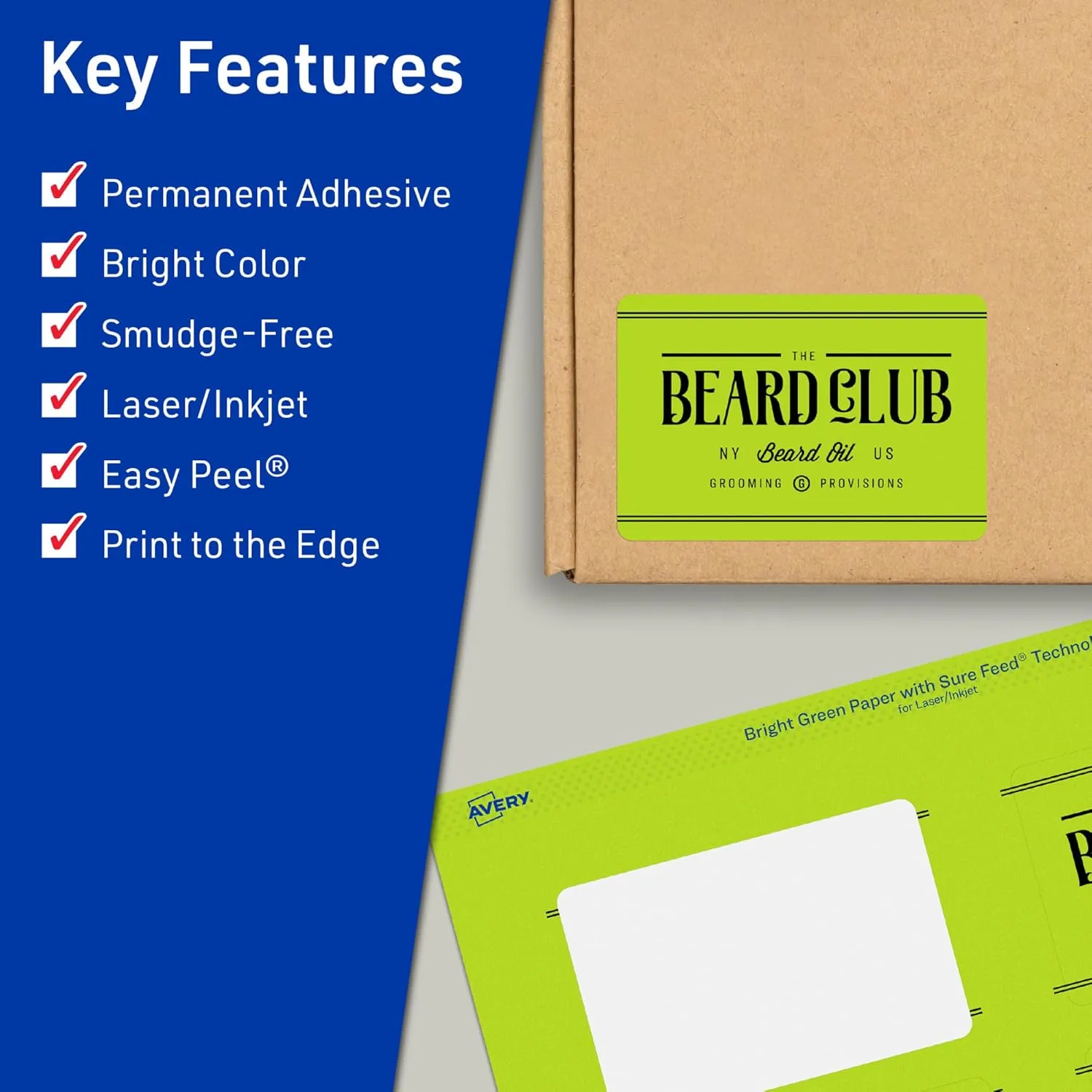 Avery Printable Rectangle Labels, Sure Feed Technology, 2" x 3-1/2", Bright Green Labels, Print-to-The-Edge