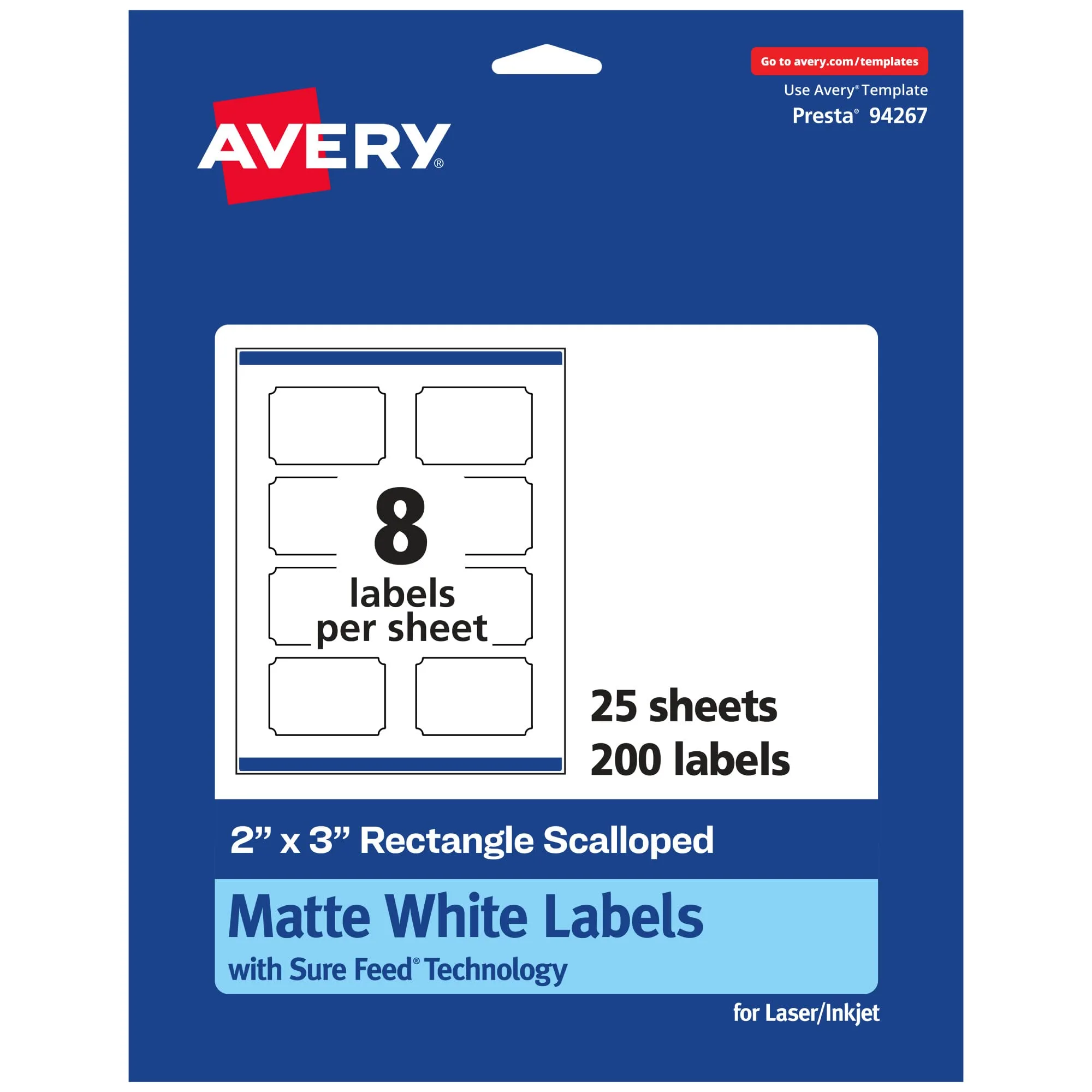 Avery Matte White Scalloped Rectangle Labels, Sure Feed Technology, 2 in x 3 in