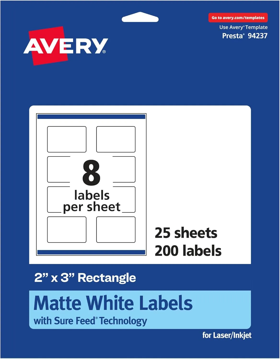 AVERY Matte White Rectangle Labels, Sure Feed Technology, 2" x 3"