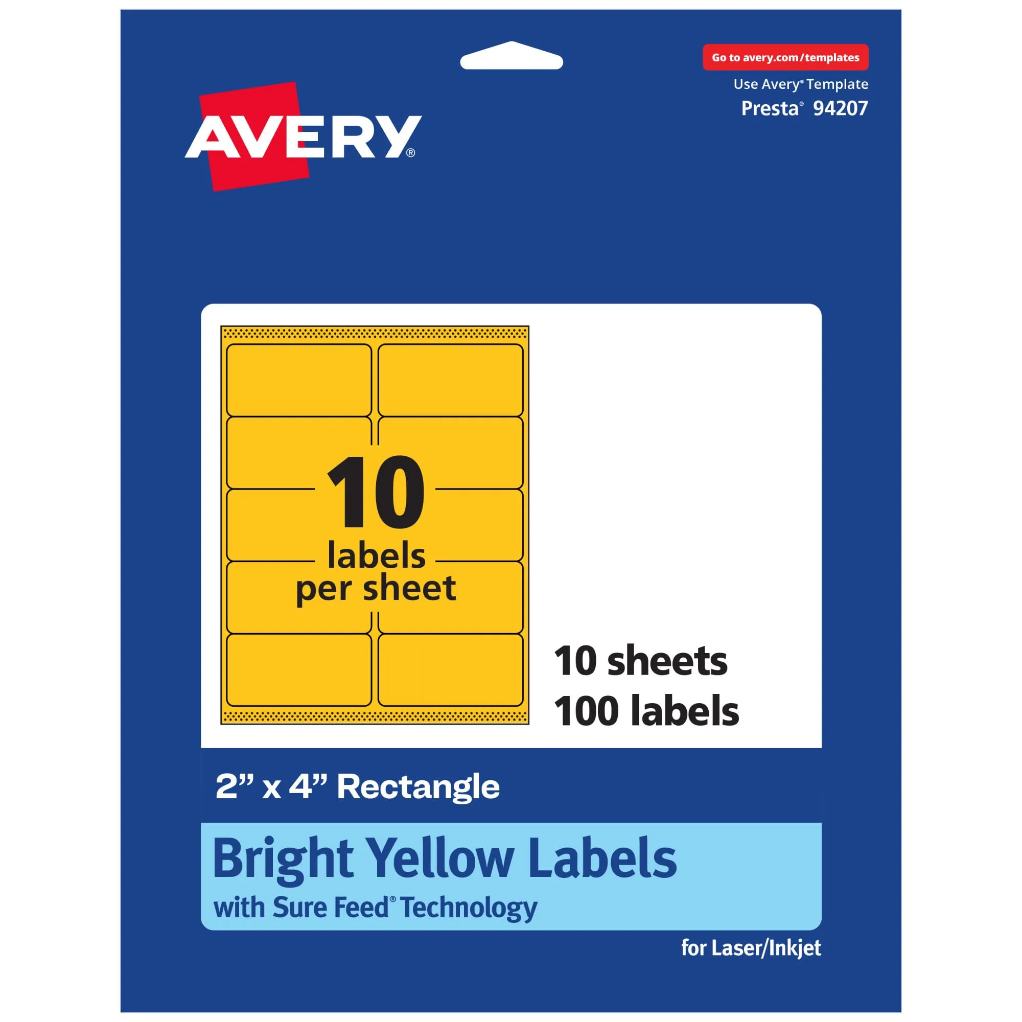 Avery Printable Rectangle Labels, Sure Feed Technology, 2" x 4", Bright Yellow Labels, Laser/Inkjet Printable, 100 Total