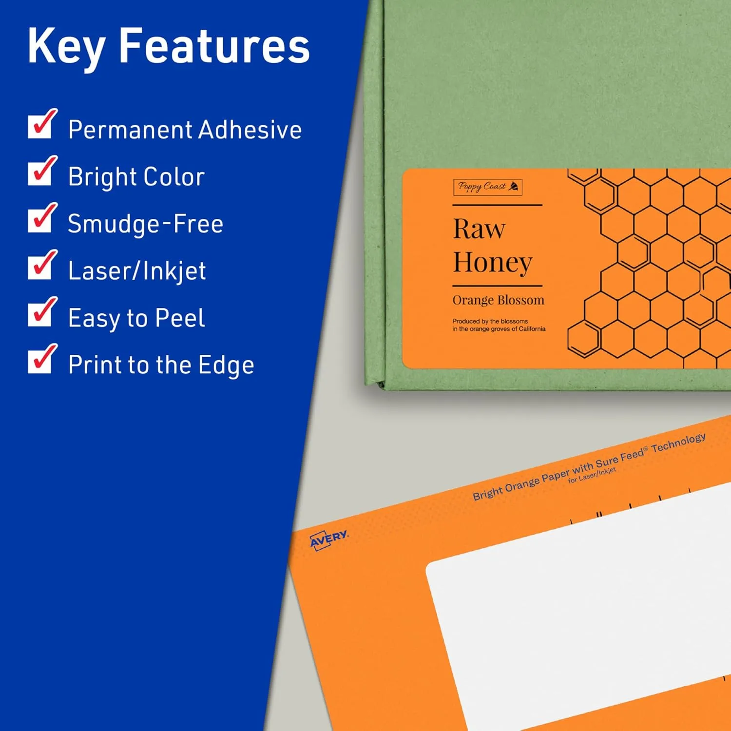 Avery Printable Rectangle Labels, Sure Feed Technology, 2-1/2" x 5", Bright Orange Labels, Print-to-The-Edge