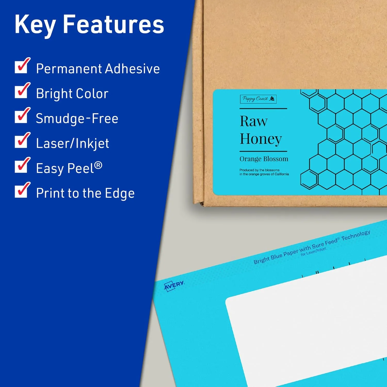 Avery Printable Rectangle Labels, Sure Feed Technology, 3" x 5", Bright Blue, Print-to-the-Edge, Laser/Inkjet Printable