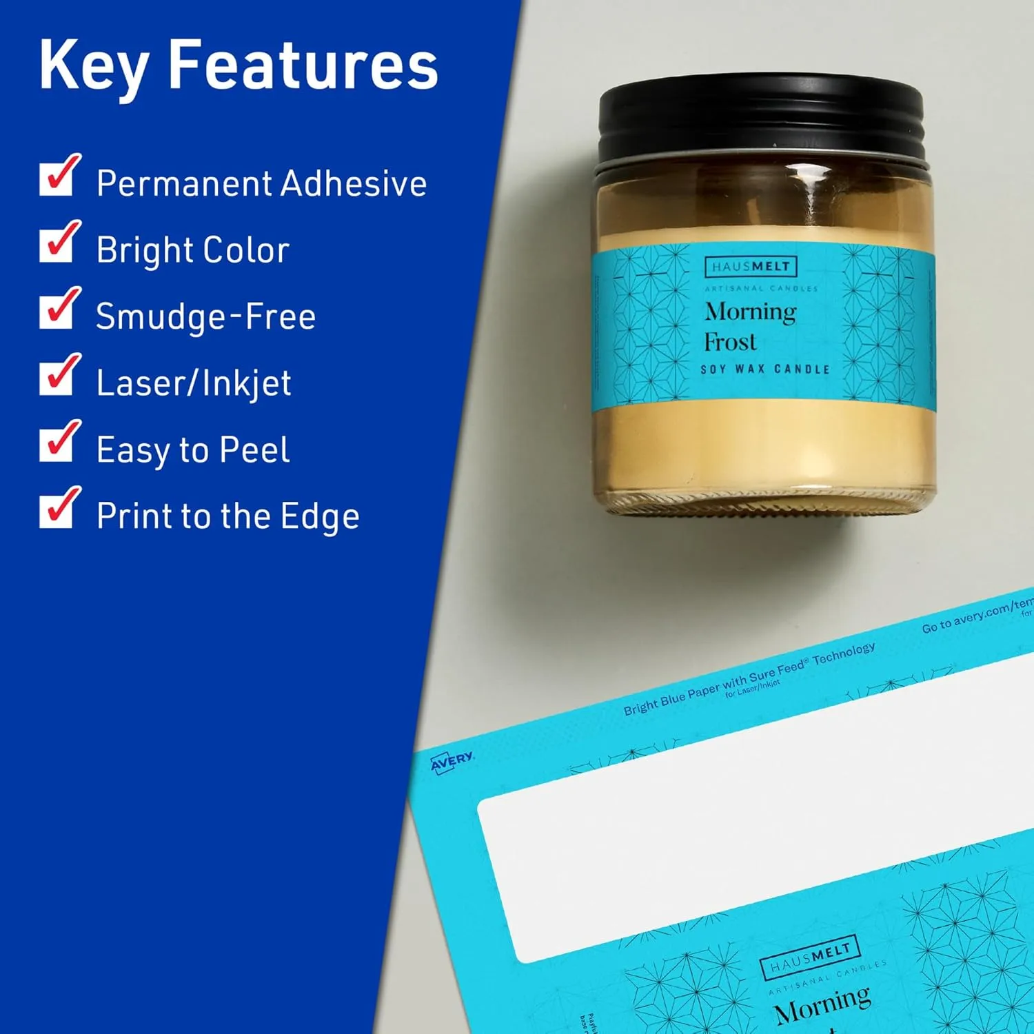 AVERY Printable Rectangle Labels, Sure Feed Technology, 1-1/2" x 7-1/2", Bright Blue, Print-to-the-Edge