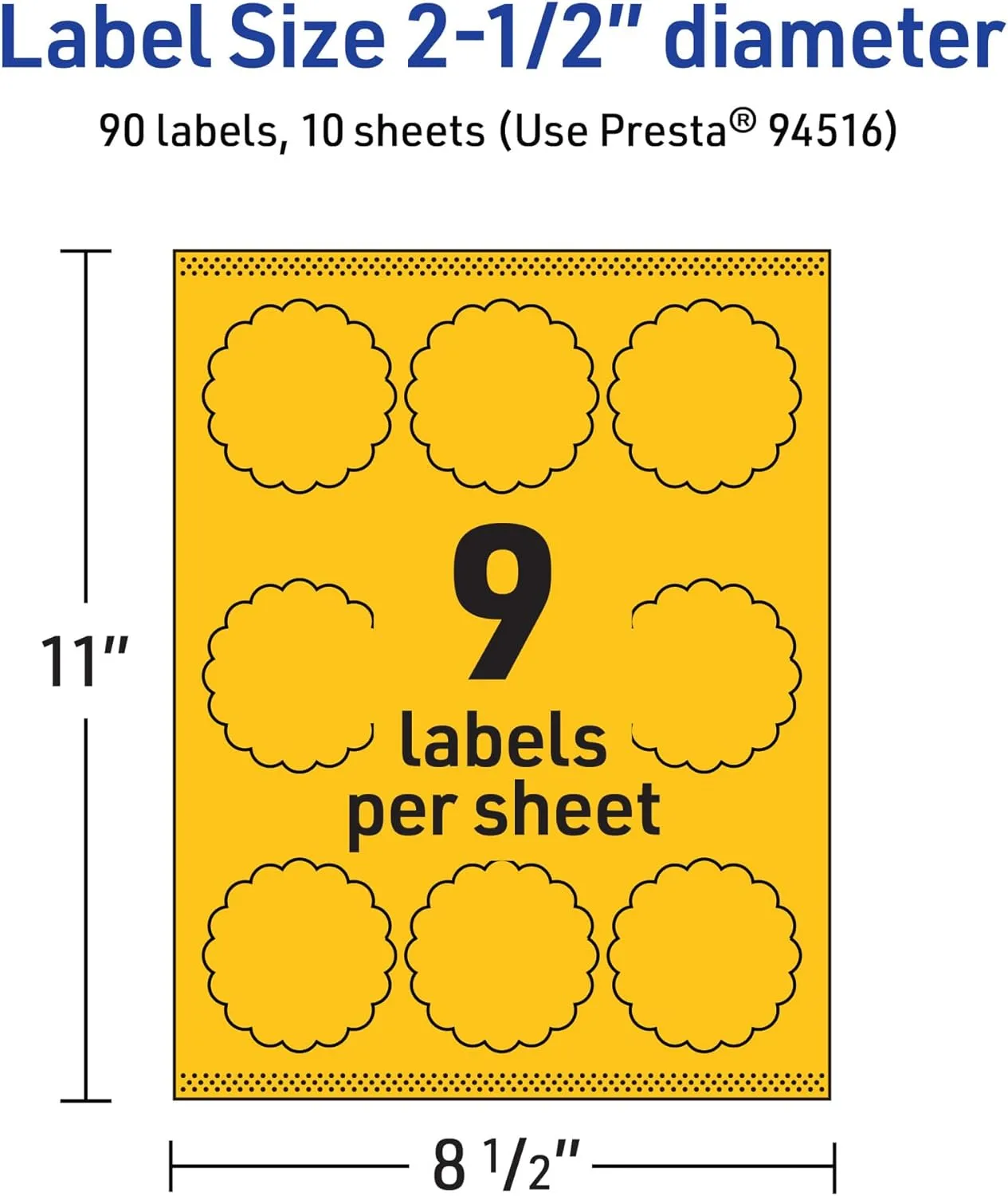 Avery Printable Round Scalloped Labels, Sure Feed Technology, 2.5" Diameter, Bright Yellow Labels, Print-to-The-Edge