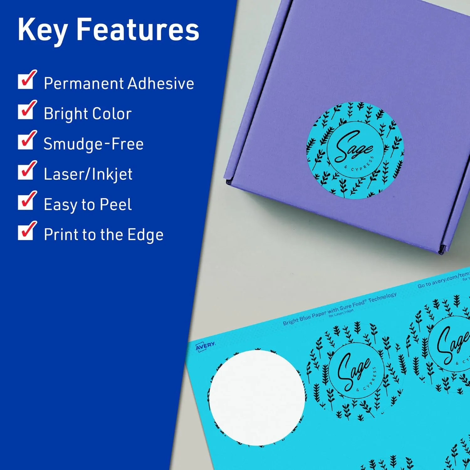 Avery Printable Round Labels, Sure Feed Technology, 2-1/2" Diameter, Bright Blue