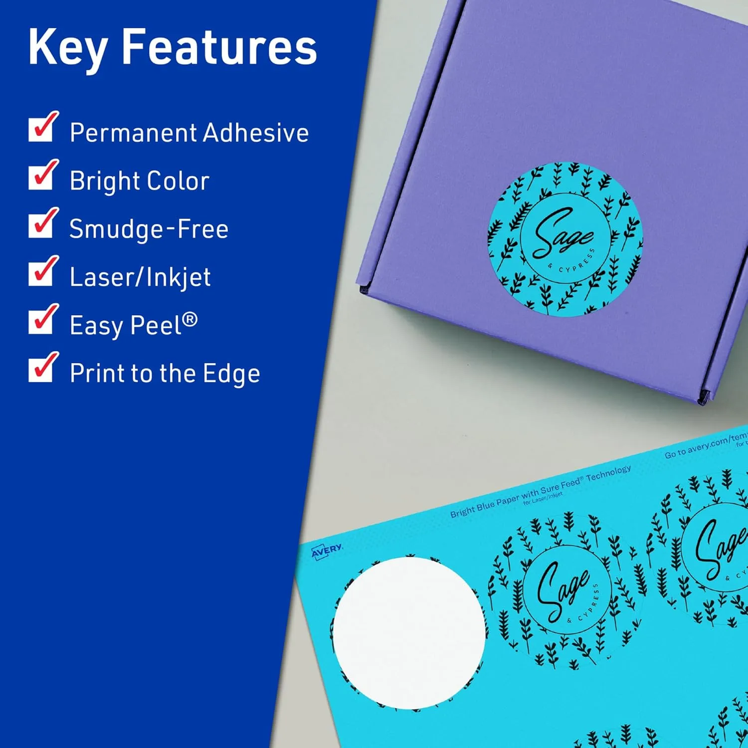AVERY Printable Round Labels - Sure Feed Technology, Bright Blue, 3" Diameter