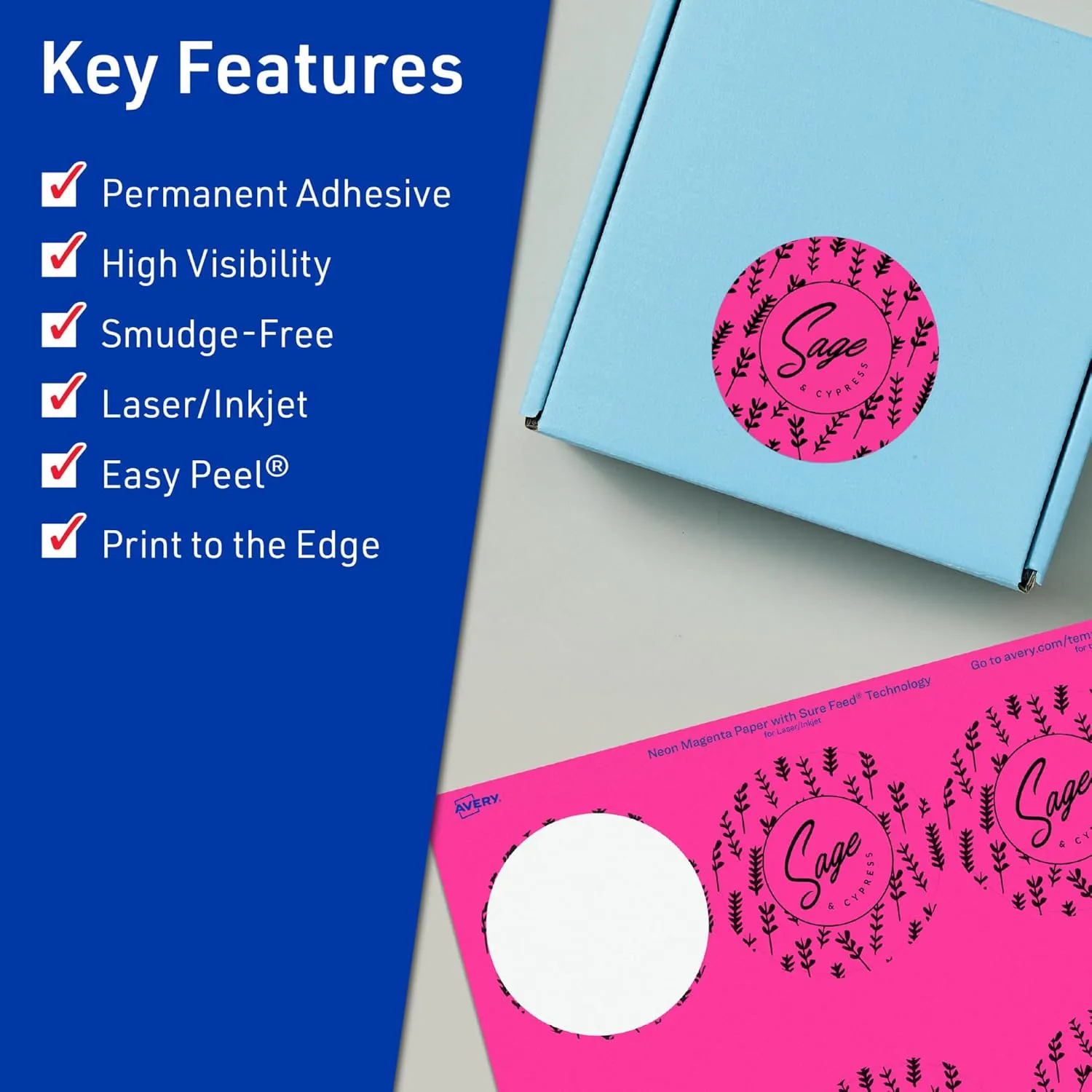 Avery Printable Round Labels, Sure Feed Technology, 3" Diameter, Neon Magenta, Print-to-The-Edge, Laser/Inkjet Printable
