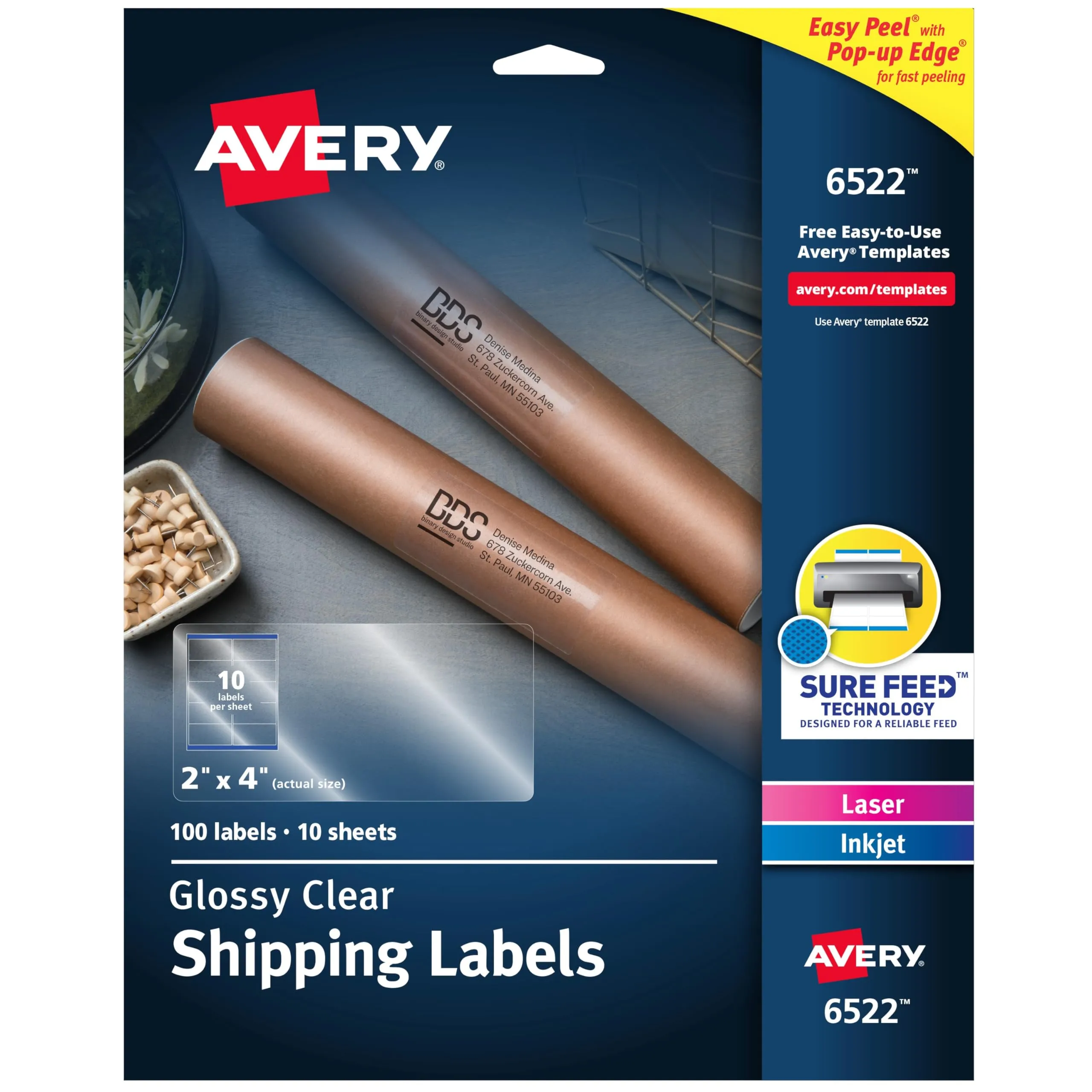 Avery Printable Shipping Labels with Sure Feed, 2 x 4 in, Glossy Clear, 100 (6522)