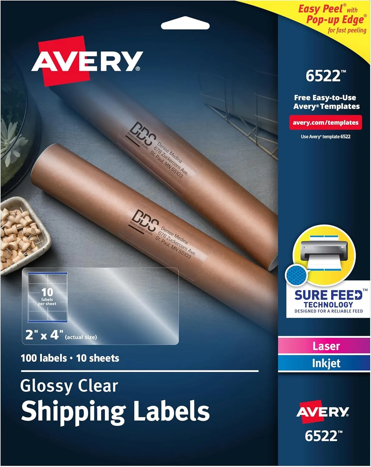 Avery Printable Shipping Labels with Sure Feed, 2 x 4 in, Glossy Clear, 100 (6522)