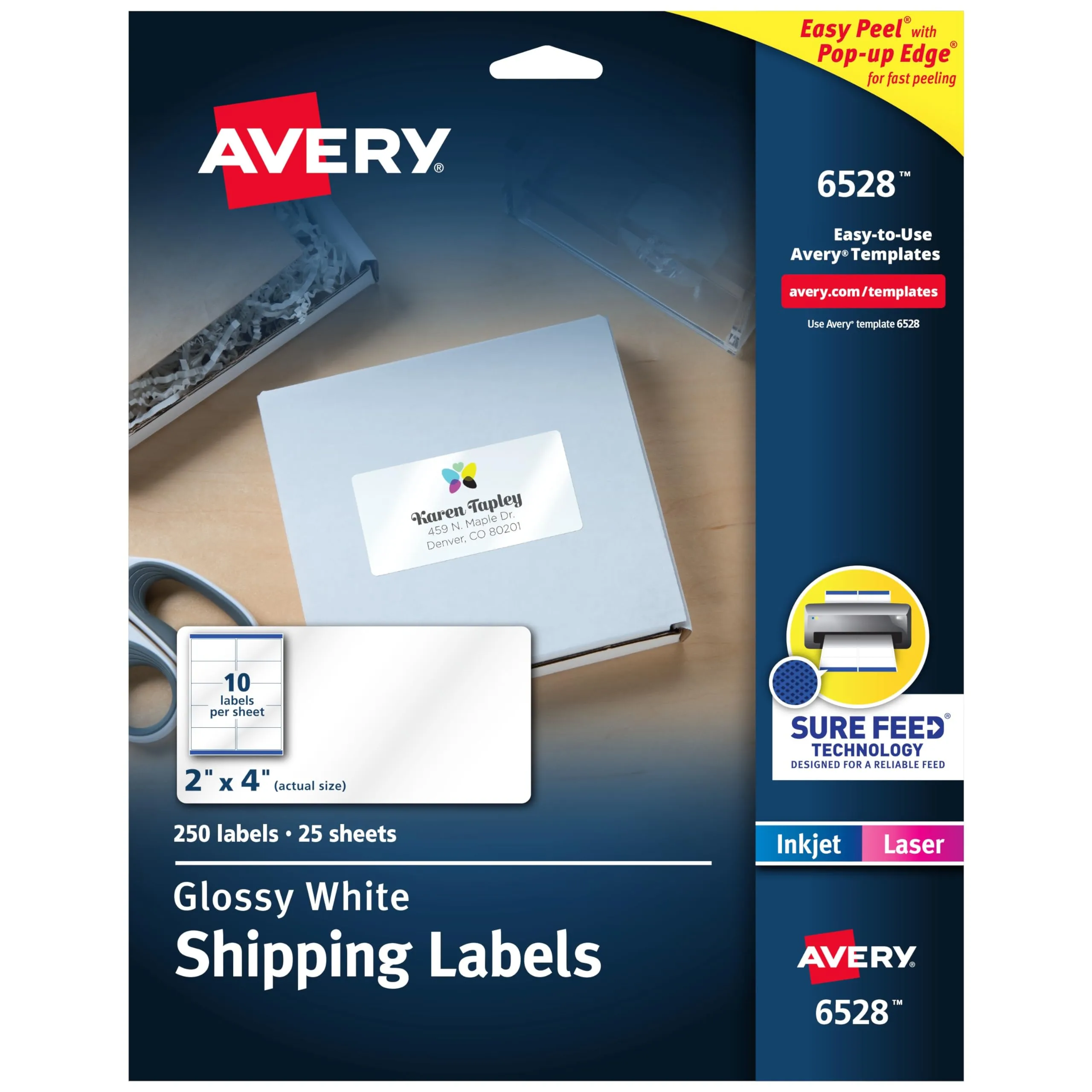 Avery Shipping Labels, Glossy White, 2 in x 4 in, 250 Labels (6528)