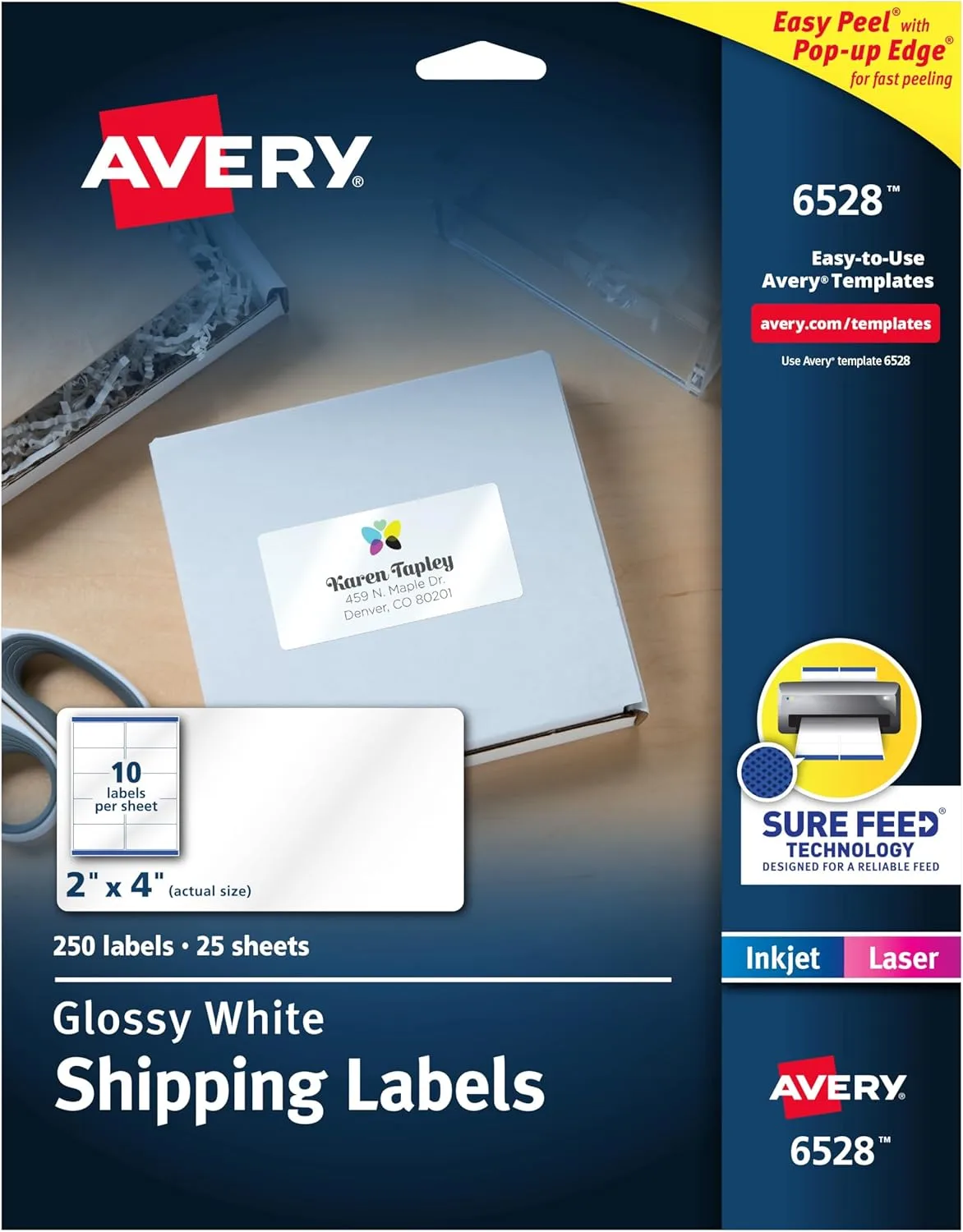 Avery Shipping Labels, Glossy White, 2 in x 4 in, 250 Labels (6528)