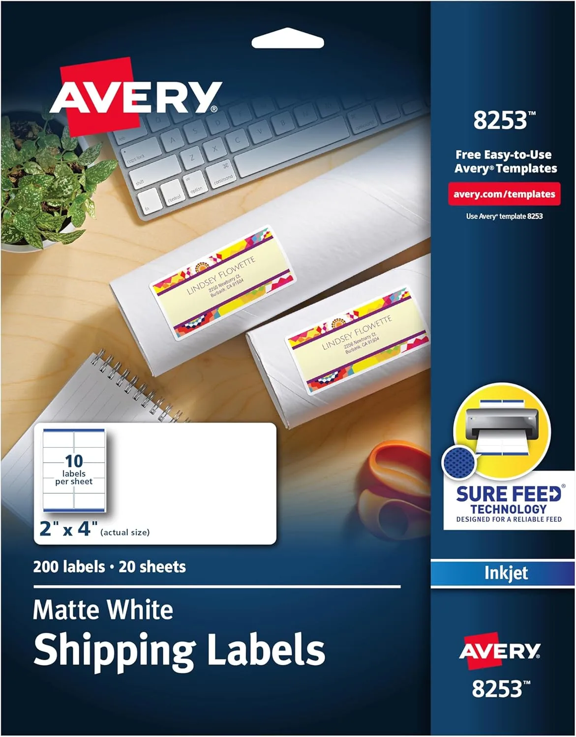 Avery Matte White Shipping Labels, Sure Feed Technology, Permanent Adhesive, 2" x 4", 200 Labels (8253)