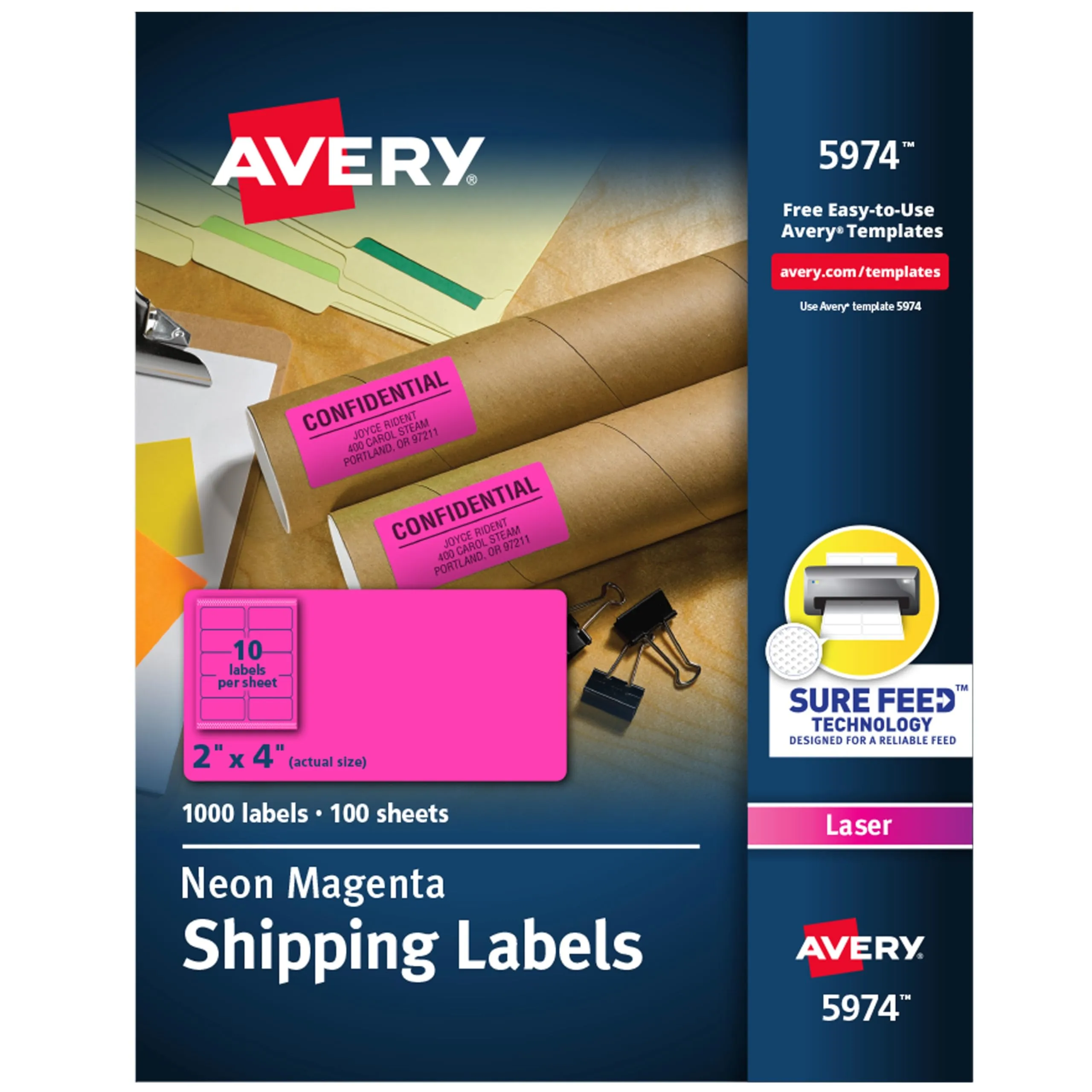 Avery 2" x 4" Neon Shipping Labels with Sure Feed for Laser Printers