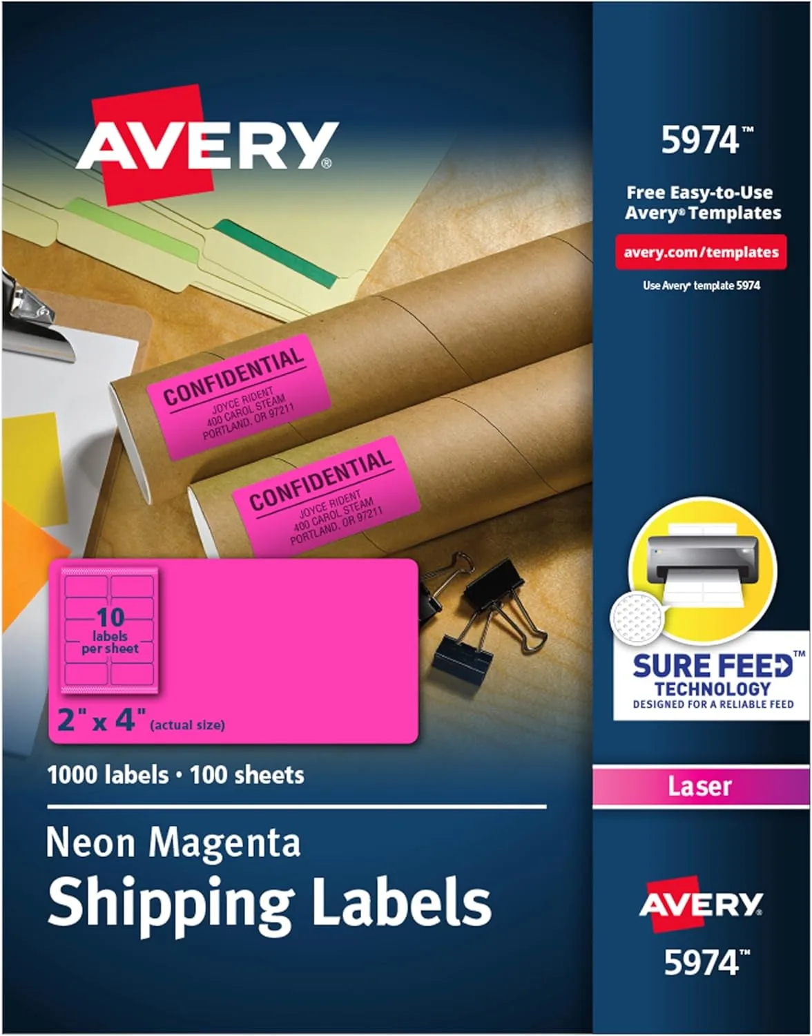 Avery 2" x 4" Neon Shipping Labels with Sure Feed for Laser Printers