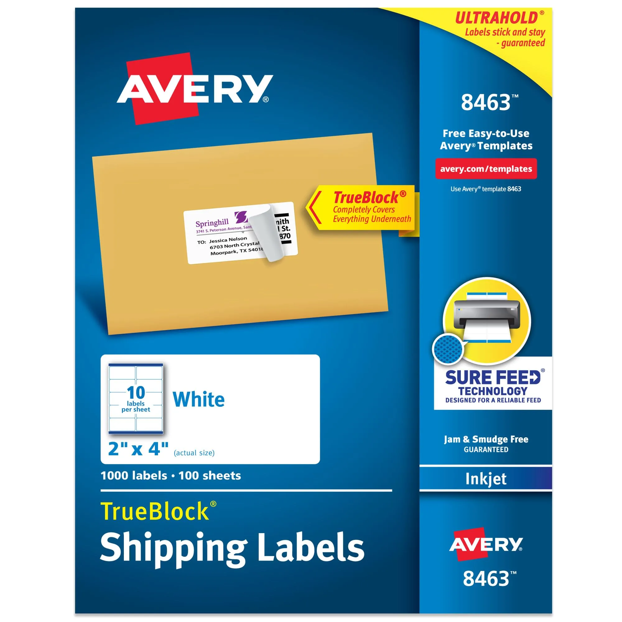 Avery Printable Shipping Labels with Sure Feed, 2 x 4, 1,000 Labels (8463)