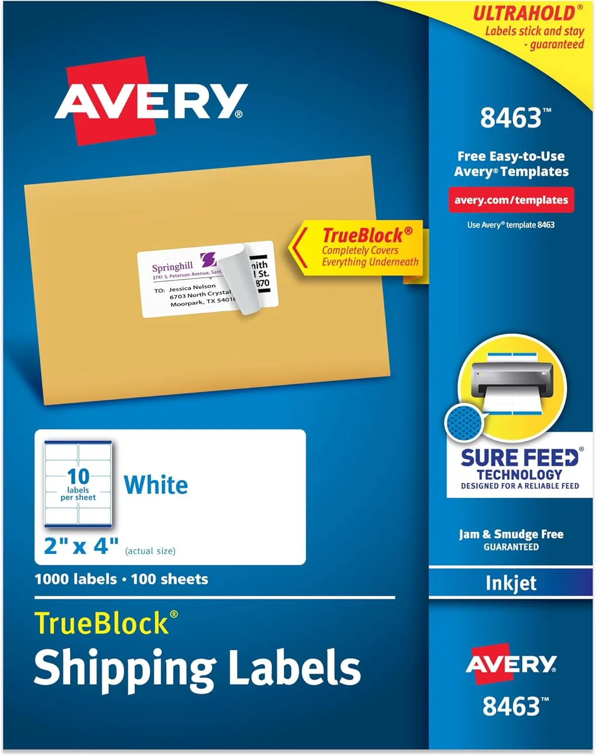 Avery Printable Shipping Labels with Sure Feed, 2 x 4, 1,000 Labels (8463)