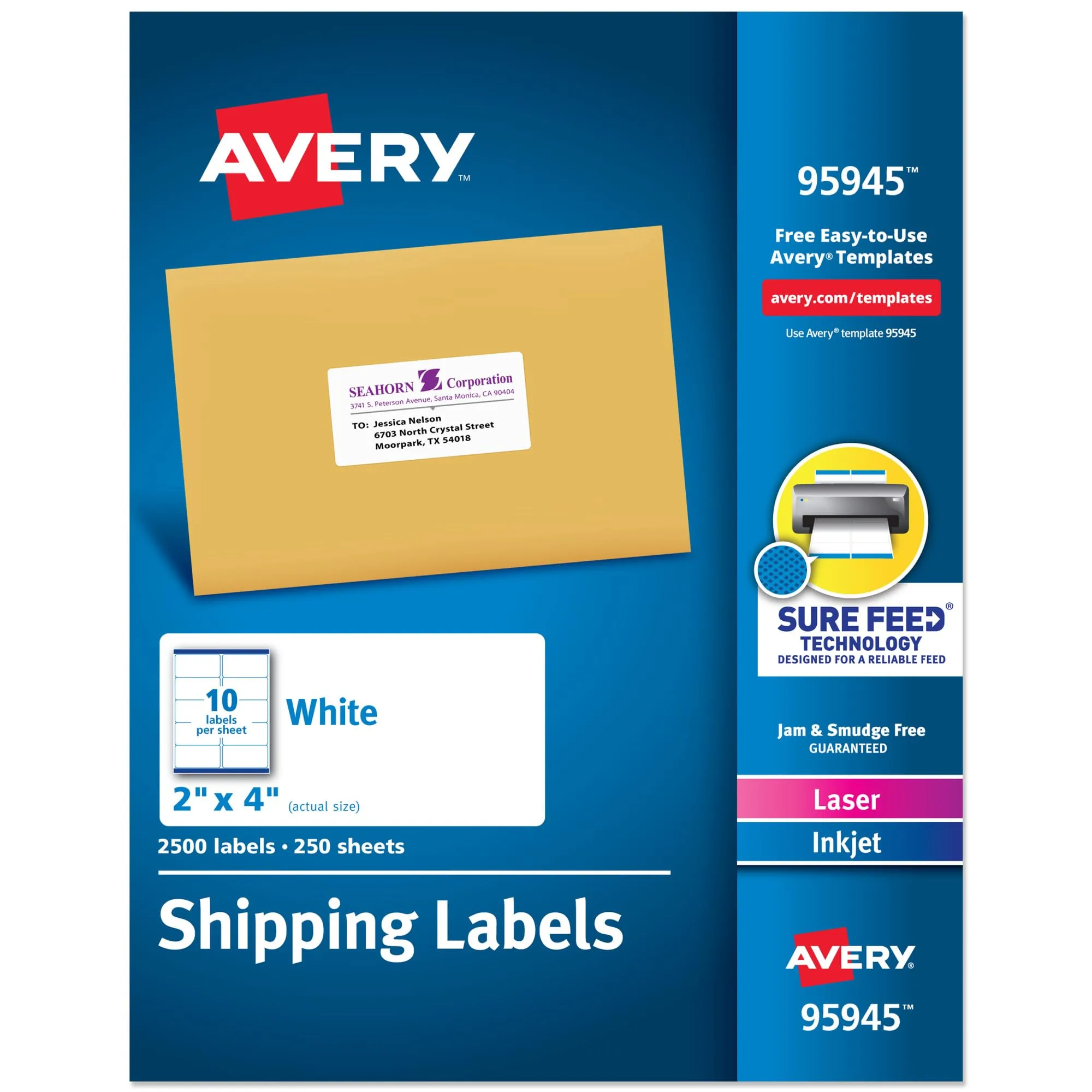 Avery Printable Shipping Labels, Sure Feed, 2 x 4 in, 2,500 Pack (95945)