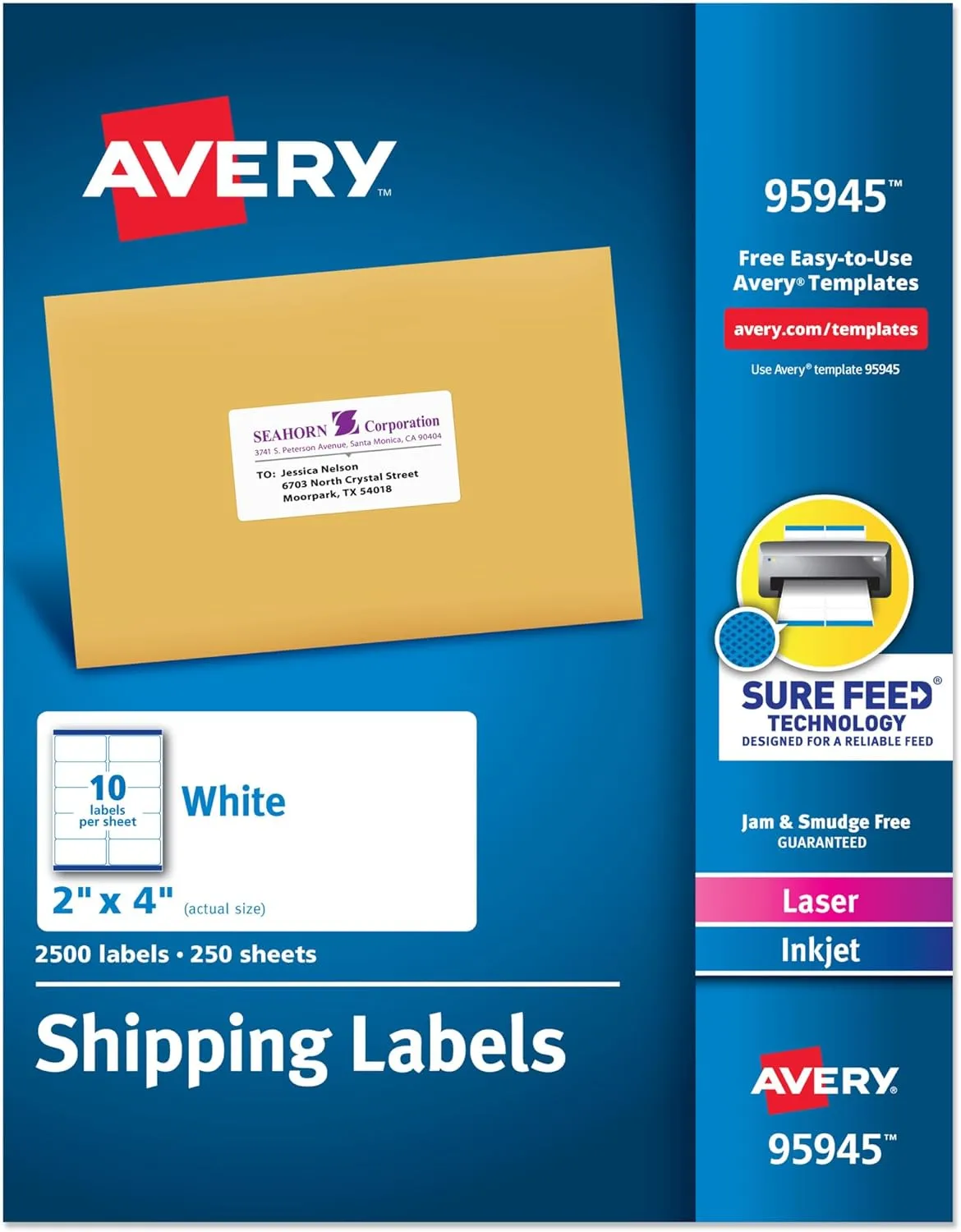 Avery Printable Shipping Labels, Sure Feed, 2 x 4 in, 2,500 Pack (95945)